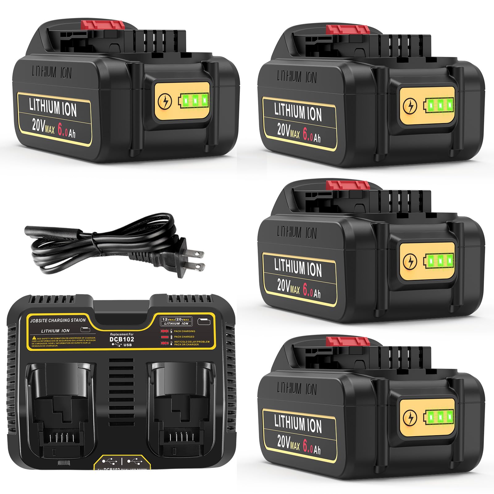 PENGJBATTER Paquete de 4 baterías de repuesto de 20 V 6.0 Ah para batería Dewalt de 20 V con cargador DCB102 de doble puerto de 20 V, batería de 20 V 6.0 Ah con cargador de 20 V compatible con