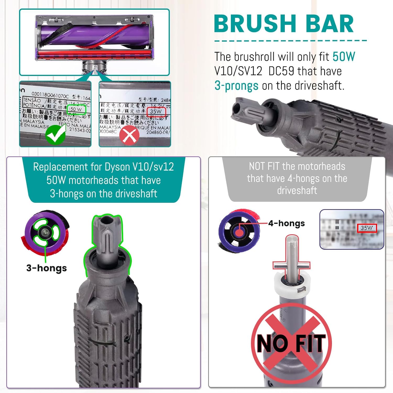 Ball Wheel and Roller Brush Kit Replacement for Dyson V10 SV12 Vacuum Cleaner Motorhead Parts,for 50W Direct Drive Motor Head that Have 3-Hongs on the Driveshaft,Compatible with V10 Part