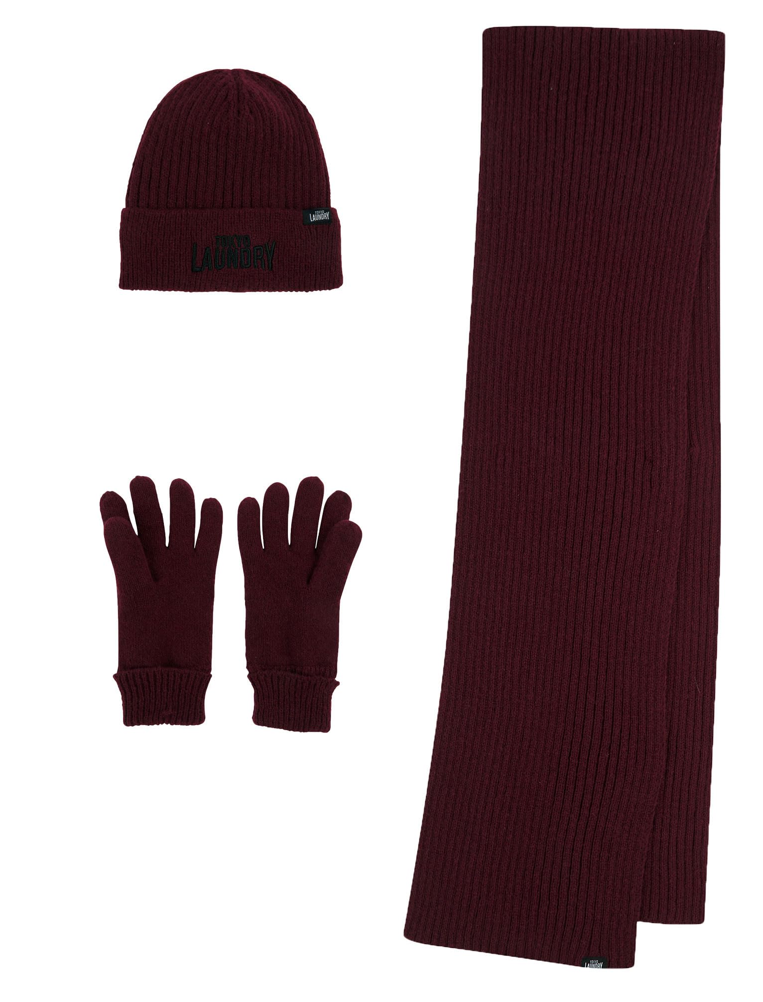 Tokyo Laundry Men's Knit Hat, Scarf & Gloves Set - Wine - One Size