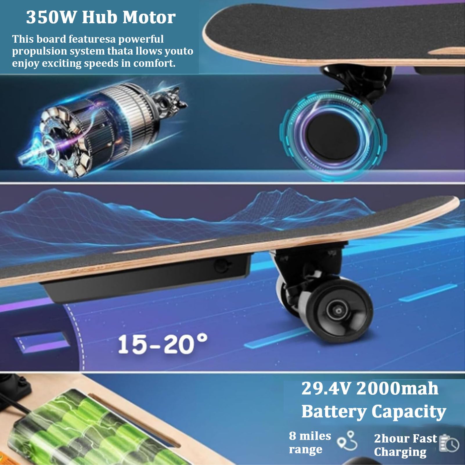 Skateboard elettrico con telecomando, longboard elettrico da 350 W per bambini e adulti, velocità massima 13,67 MPH, autonomia 8 miglia, 7 strati di acero, 3 marce regolabili per principianti