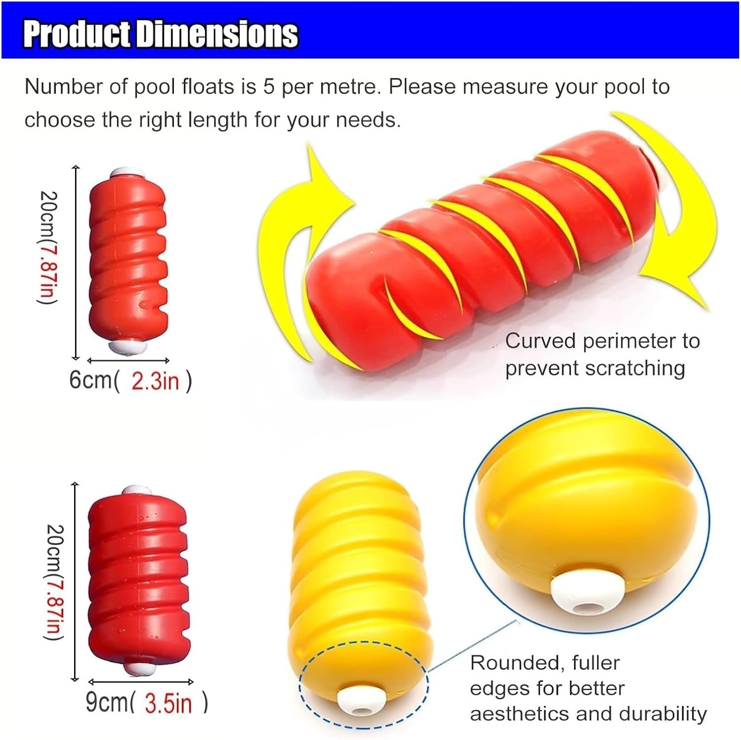 Pool Rope，Pool Safety Rope， Floating Lane Divider Ropes Pool Floating Rope for Shallow Deep End Swimming Pool Safety Marker Line(9cm Diameter,20ft(6.1m/240in))