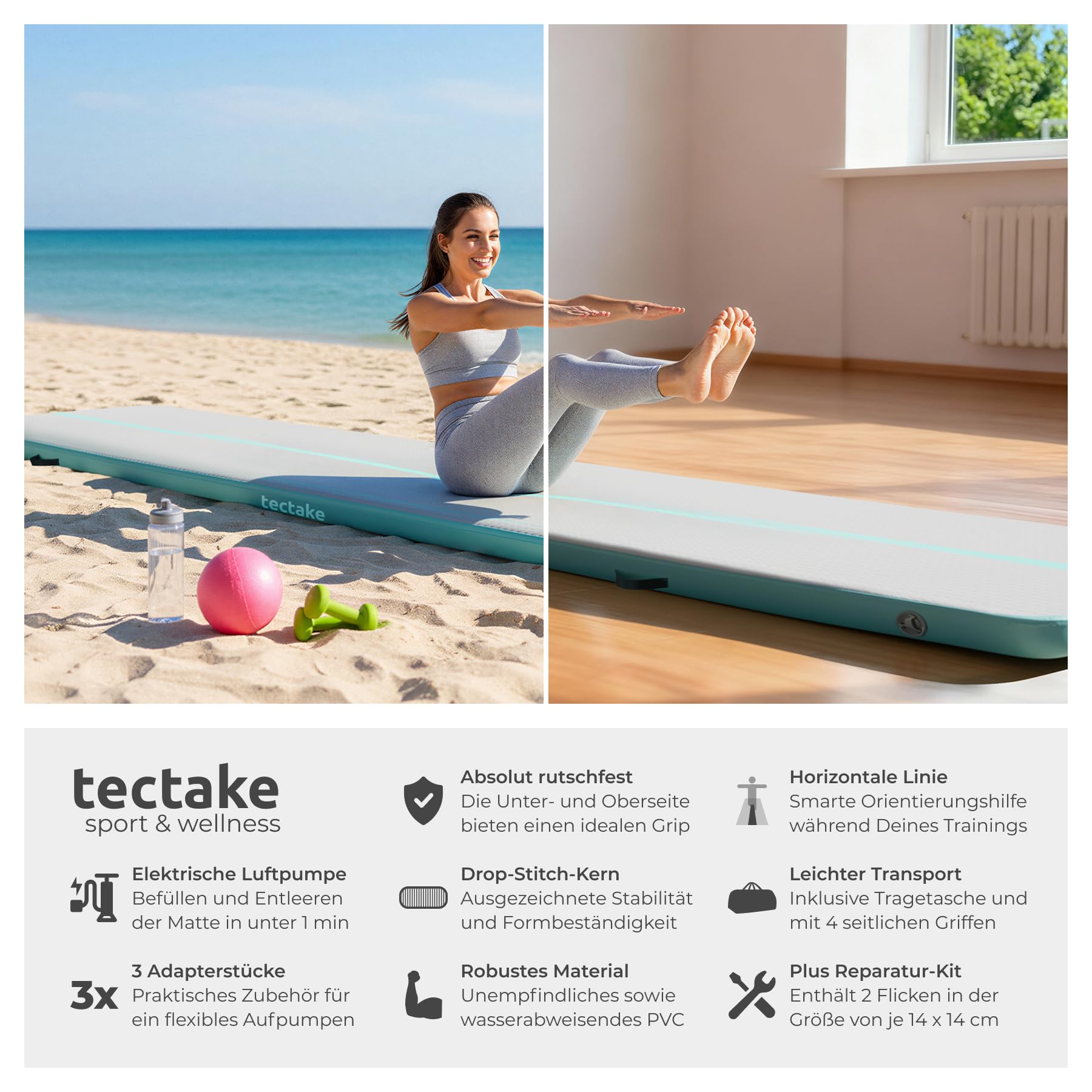 tectake® aufblasbare Turnmatte air track mit elektrischer Luftpumpe für Fitness Yoga Matte Turn Training Zuhause oder outdoor, Weichbodenmatte, Sportmatte mit Transporttasche, Größe 397 x 104 x 10 cm