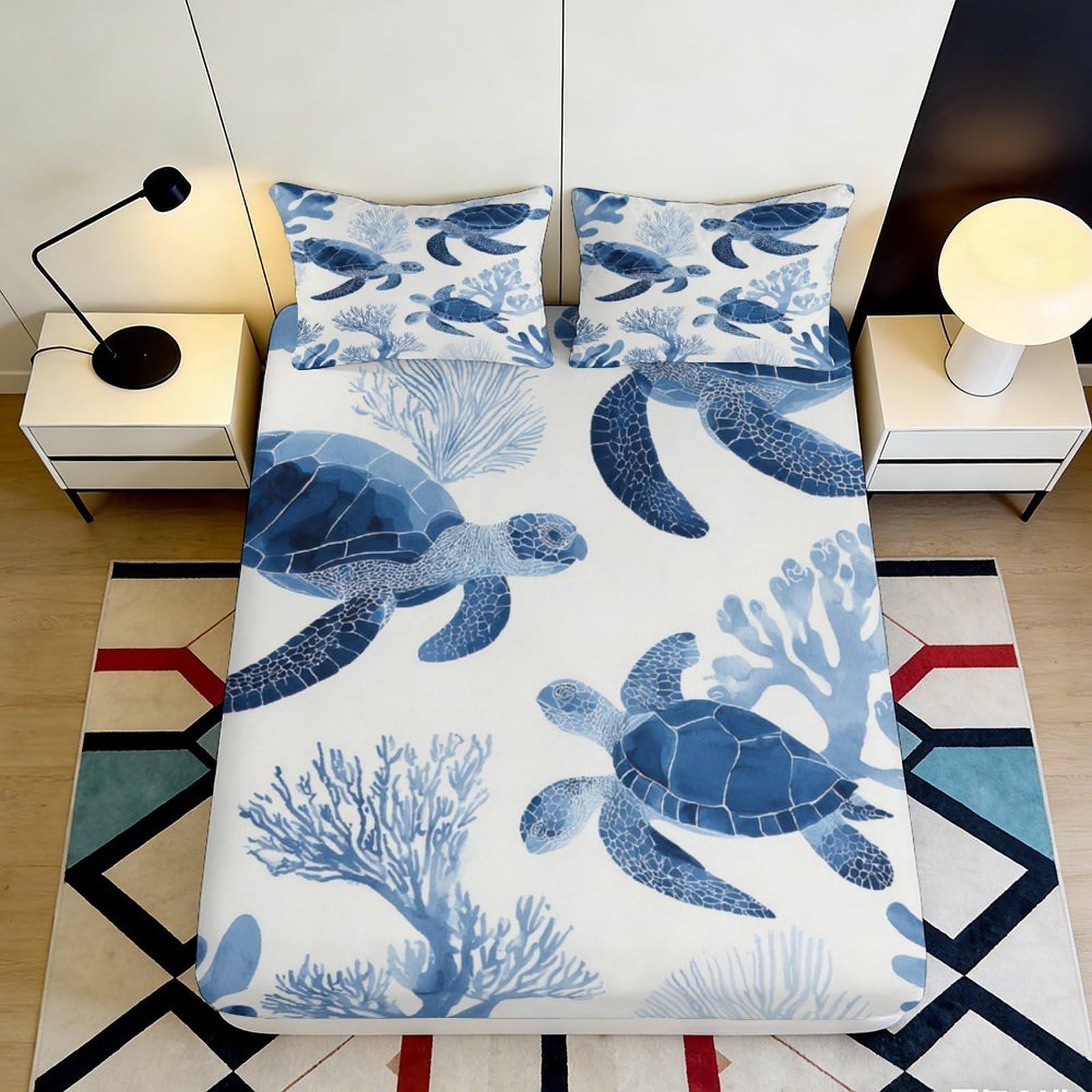 3D Printed Sea Turtle Fitted Sheet, Blue Ocean Mattress Cover, Microfiber Soft Touch, Bedroom Decor, Guest Room Bedding, Wrinkle Resistant, Easy Care, Stylish Accent, Home Use, 160x200x25cm