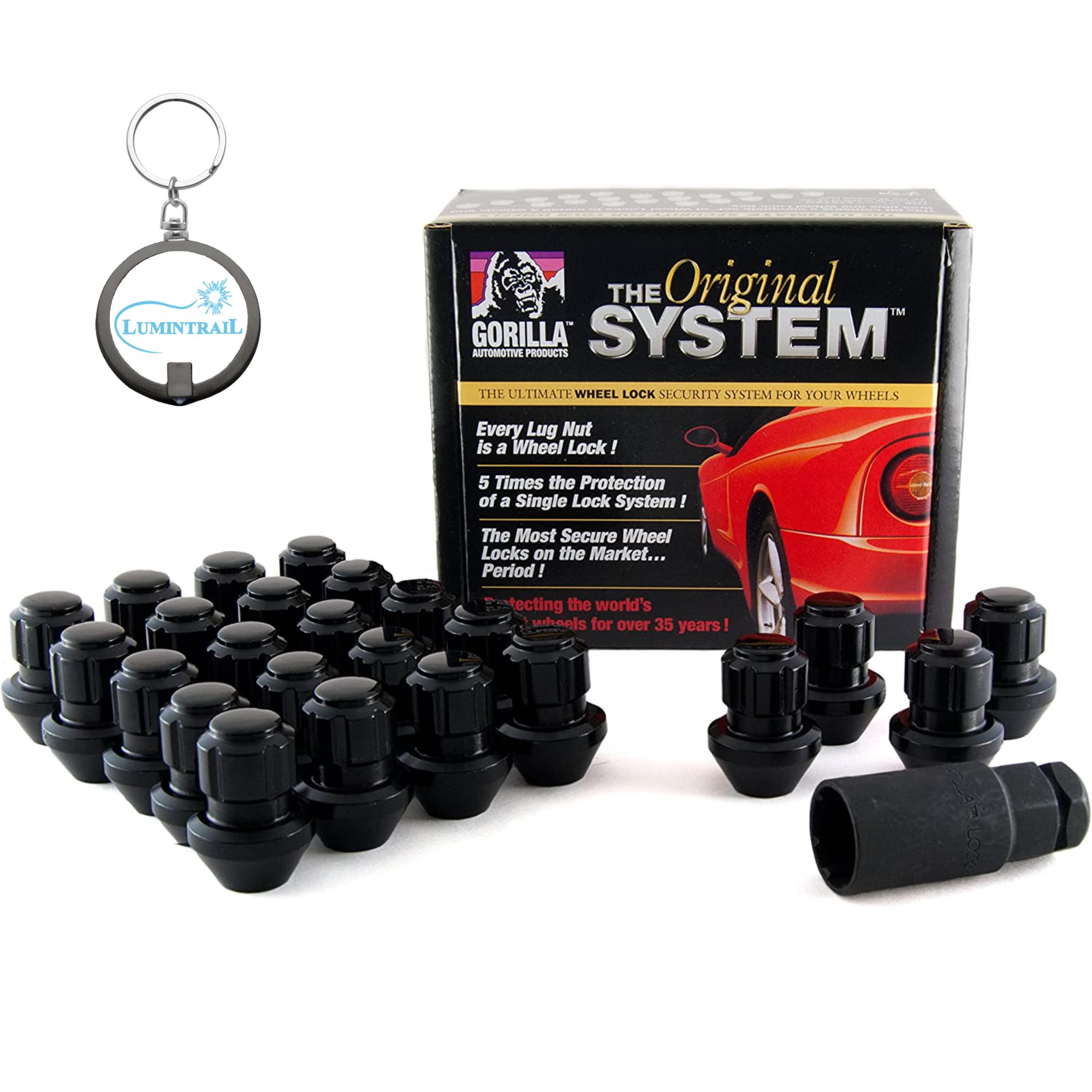 Gorilla Automotive Locking Lug Nuts 96644BDX, Set of 24 Factory Style Bulge Gorilla Lug Nuts, 14mm x 1.50 Thread, Black Chrome, with a Lumintrail