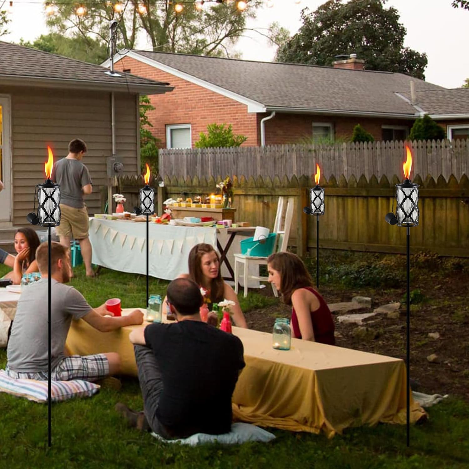 4 Pack Glass Citronella Torches for Outside, 16 Oz Outdoor Garden Torch with 5-Prong Grounded Stake, 60 Inch Patio Torch with Clear Glass Canisters, Outside Torches for Backyard, Patio