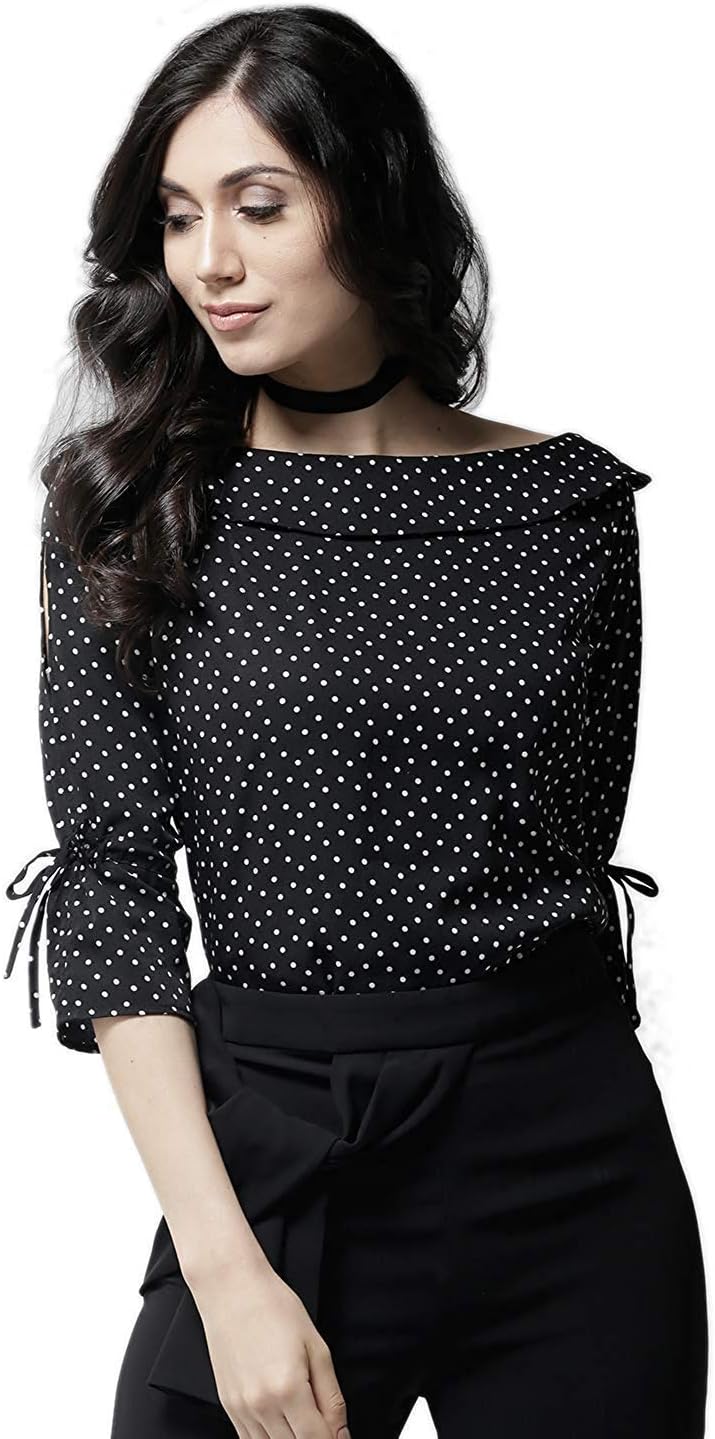 Style QuotientWomen Navy and Coral Polka Printed polycrepe Smart Casual top