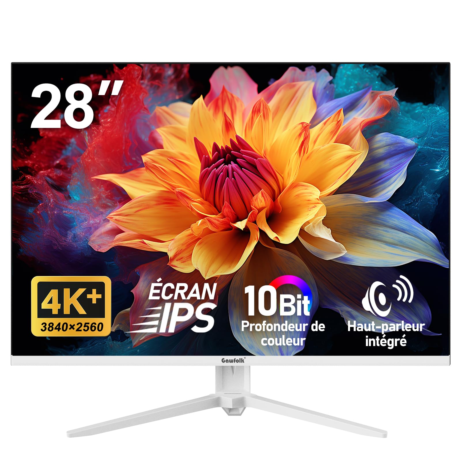 Gawfolk Écran PC UHD 4K 28 Pouces, Moniteur IPS Ultra HD (3840 × 2560 p), 3:2, 1,07 Milliard Couleurs, 128% sRGB, Haut-parleurs intégrés, Angle de Vision Large 178°, DisplayPort, HDMI, Blanc - 1