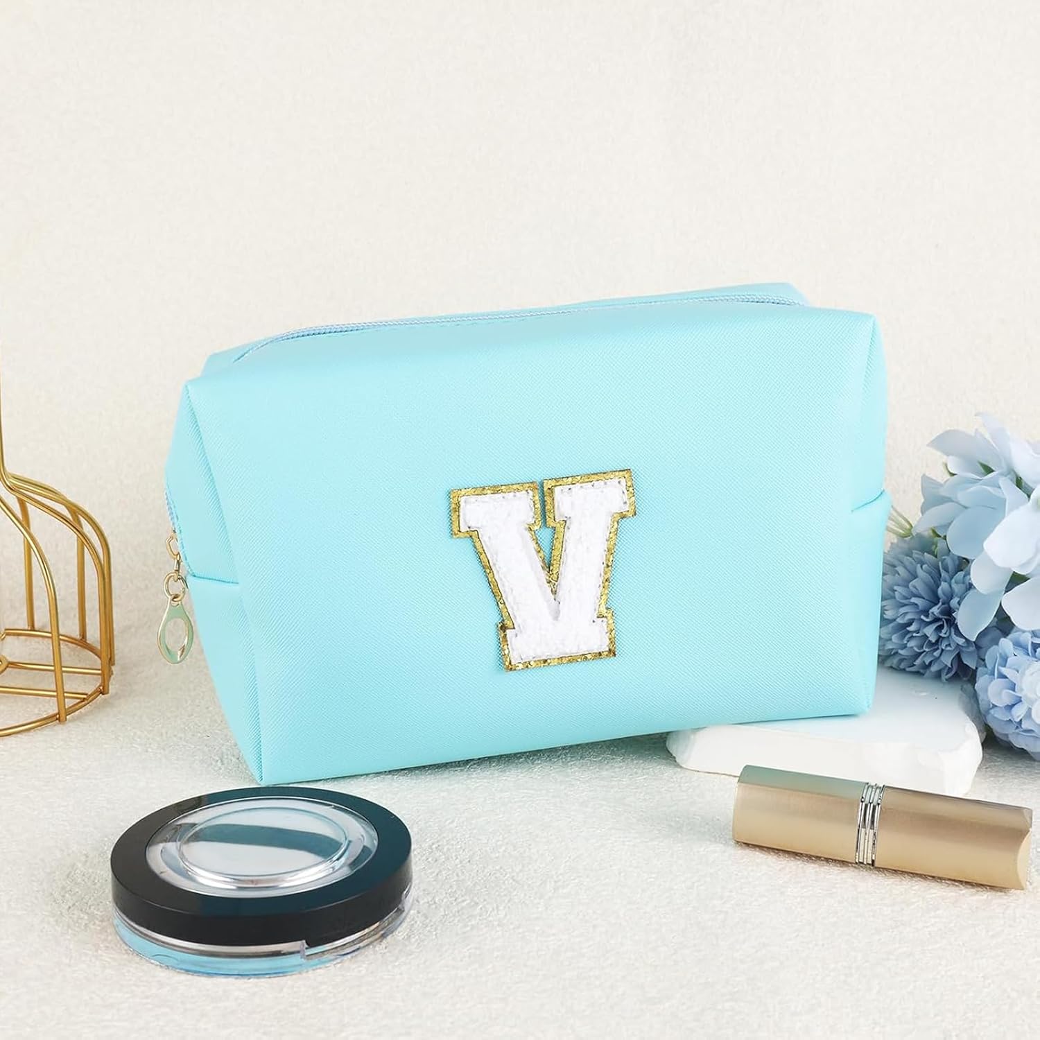 Gifts for Girls Initial Makeup Bag Personalized Cosmetic Bag with Zipper Cute Travel Toiletry Bag Waterproof PU Preppy Makeup Pouch Birthday Gift for Teen Girls Women(Blue V) - Image 7
