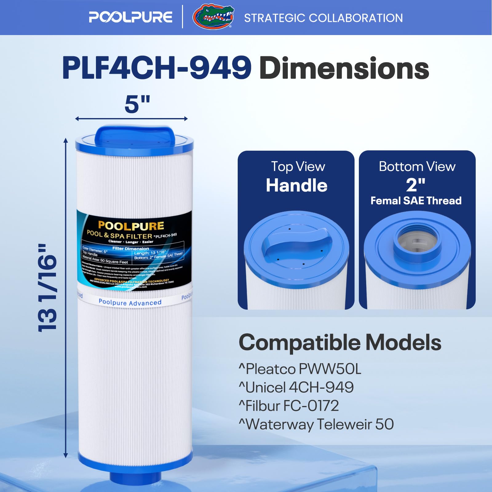 POOLPURE Lot de 2 filtres spa 4CH-949 remplaçant Pleatco PWW50L, 200702, fil50-5d13h15fct-3, Filbur FC-0172, SD-01143, 817-4050, Waterway Teleweir 50,50 m² avec distributeur intégré