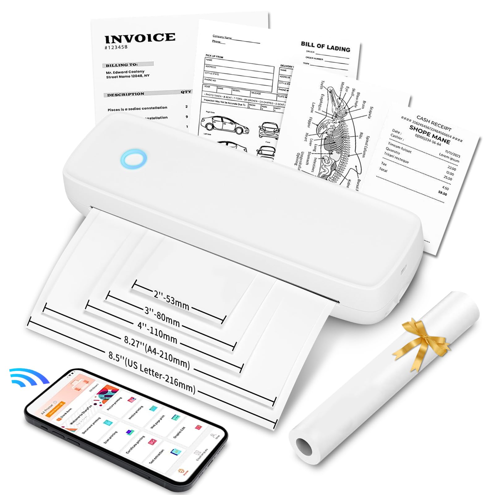 Bluetooth Thermal Printer, Portable Inkless Printer for Travel Home, for Thermal Roll Paper Folded Paper, for iOS Android, 57mm to 216mm