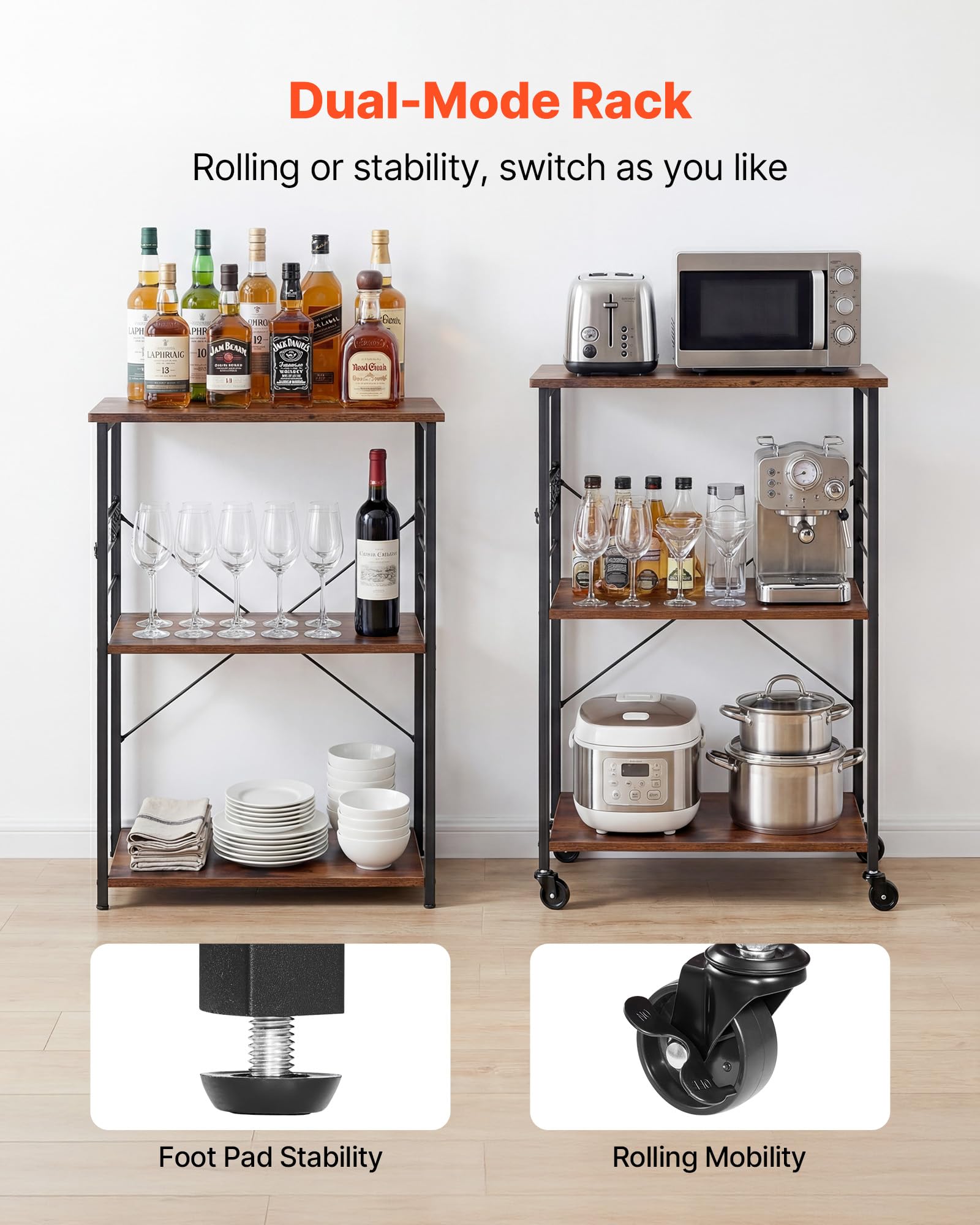 VEVOR Carrello da Cucina 3 Ripiani, Carrello di Servizio da Cucina Portaoggetti Carico da 55 kg con Ruote 8 Ganci Ripiani in Metallo, 602 x 402 x 902 mm, Portaspezie Microonde Utensili Portaoggetti
