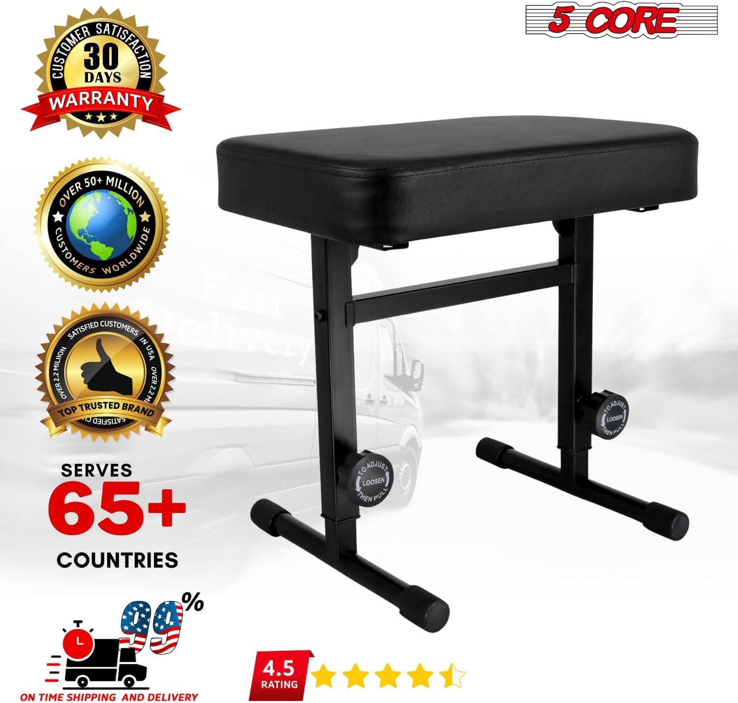 5 CORE Keyboard Bench Piano Stool T Style Black Thick Padded Cushion Seat Height Adjustable 17 to 22 inch | Keyboard Chair (PU Leather) - KBB H-ADJ BLK