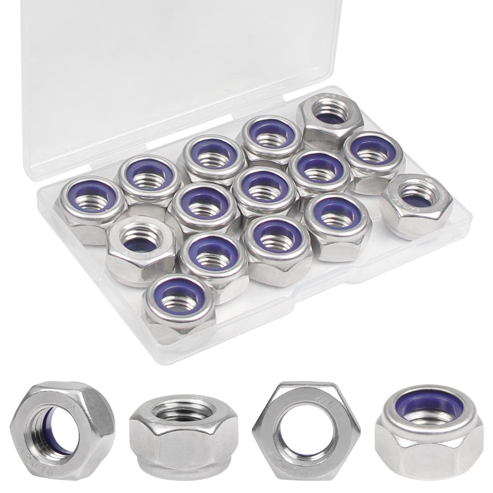 Yinpecly 15PCS M10 Locknuts M10x1.5mm Nylon Insert Hex Lock Nuts 304 Stainless Steel Metric Self-Locking Nylon Lock Nut for Industrial Construction