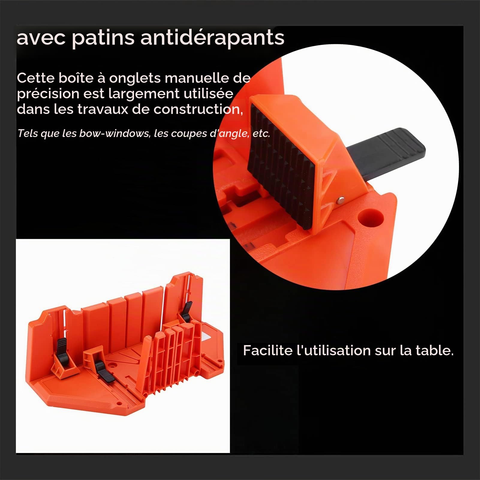 Boîte à onglets et scie en plastique de 35,6 cm, scie arrière en acier renforcé pour une coupe précise, préréglée à 90 degrés, 45 degrés, 22,5 degrés et 0 degré.