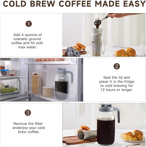 Miniatura 2 de Jarra para cafetera de café frío, 64 onzas de vidrio resistente de boca ancha, tapa hermética con filtro de infusor de acero inoxidable para café