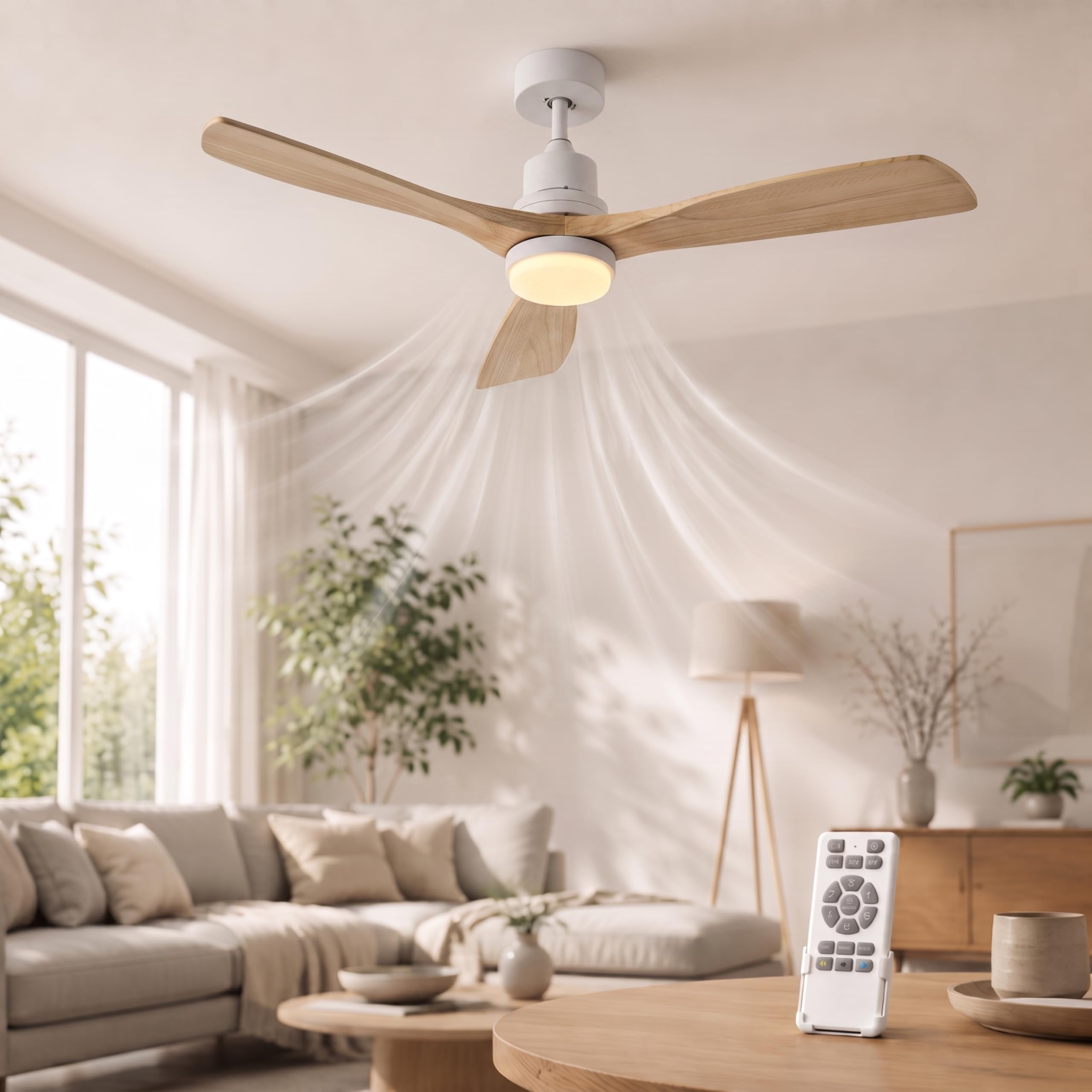 132 CM Deckenventilator mit Beleuchtung und Fernbedienung, Leise DC-Motor, 3 Blätter, 6 Geschwindigkeiten, Timer, 6 Geschwindigkeiten, Sommer Winterbetrieb für Schlafzimmer (Weiß)