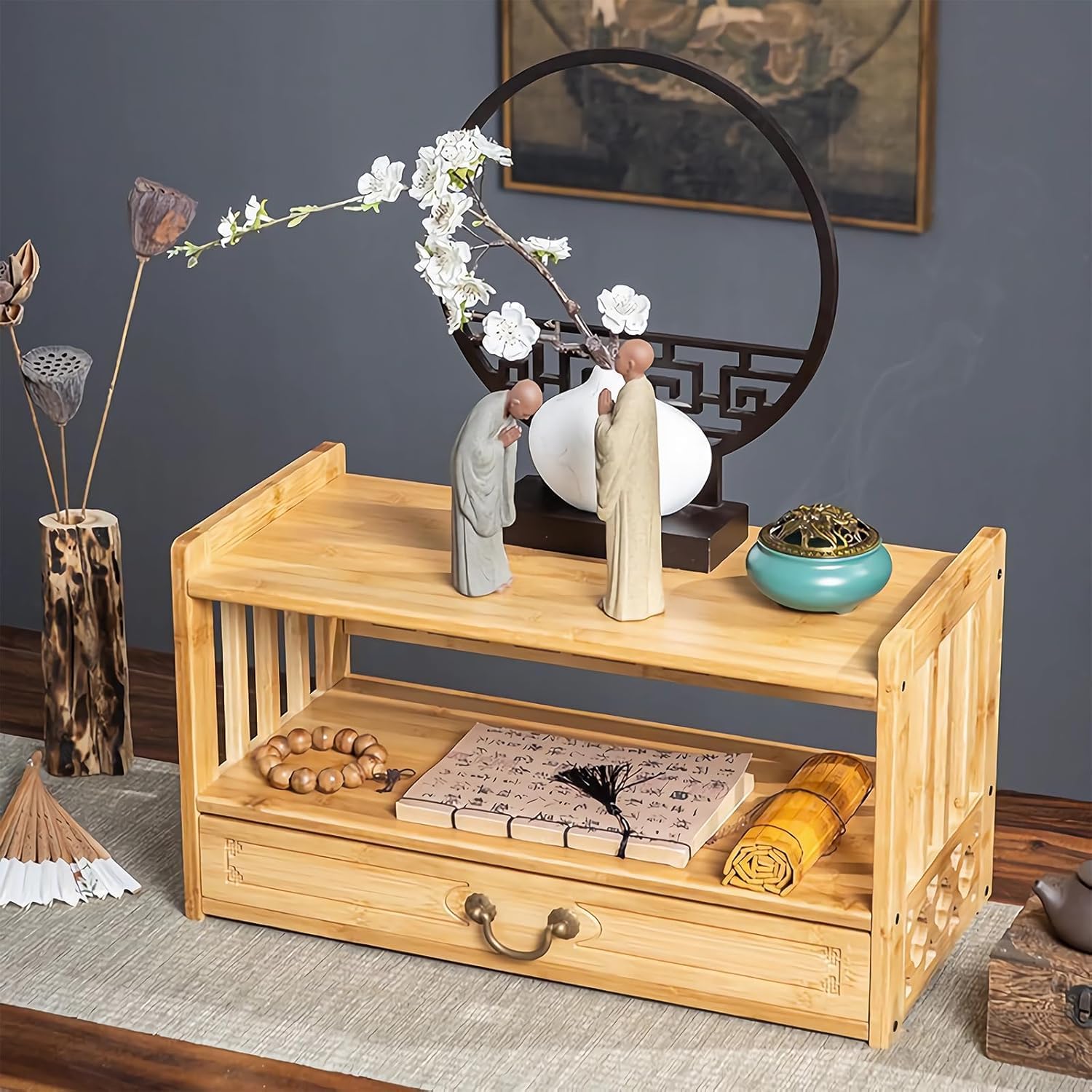 SAYEYBU Table with Drawer, Meditation Altar Table for Spiritual, Perfect Used for Prayers, Divination, Bamboo Furniture for Displaying Jars, Plants and Books,Natural,2 layer 52cm