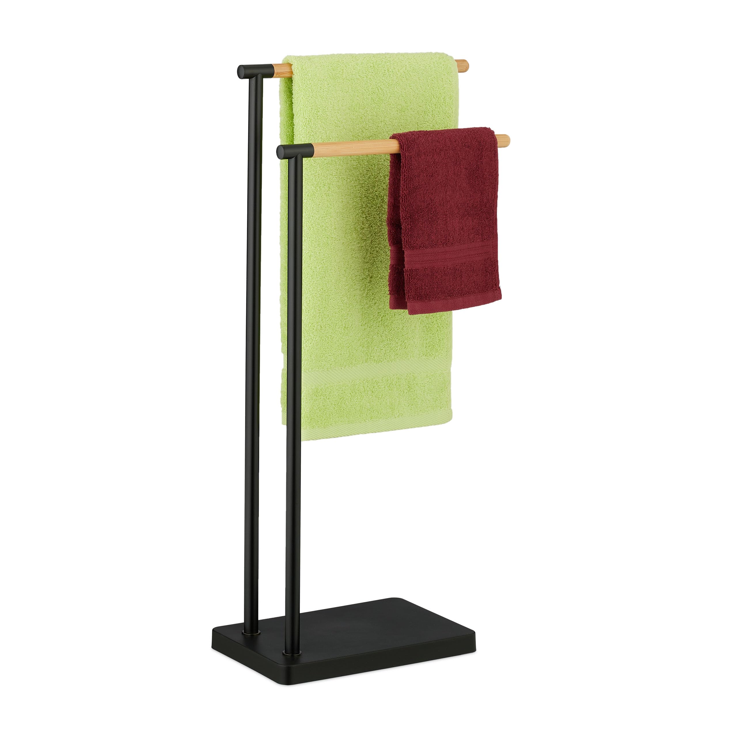 Relaxdays Handdoekenrek Vrijstaand, 2 Stangen, Badkamer, Staal, H X B X D 81 X 49 X 20 Cm Badhanddoekhouder Zwart