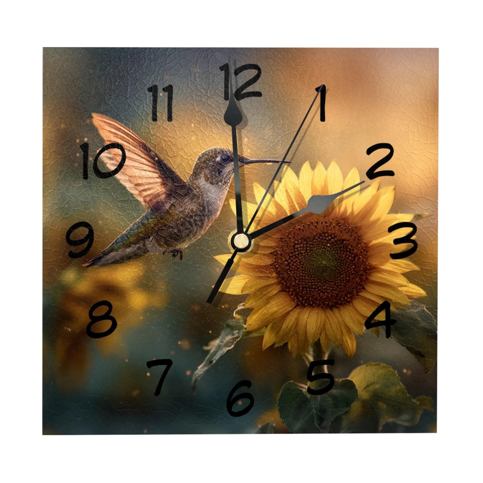 etoenbrc 8 Inch Square Wall Clock Silent Non-Ticking Hummingbird Sunflower Clock Battery Operated, Wooden Clock Decorative for Kitchen, Living Room Bedroom Office