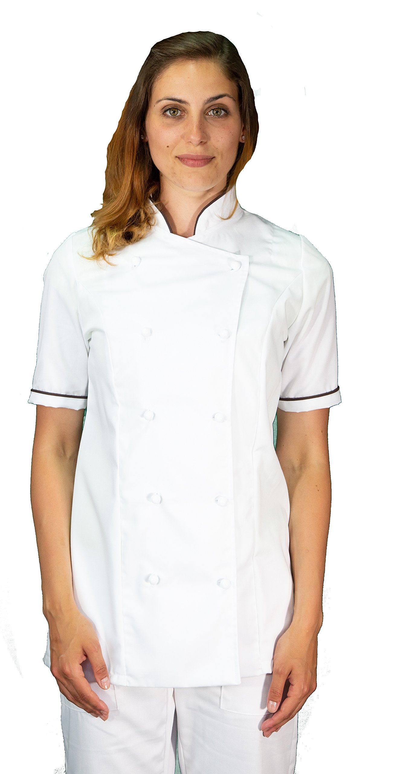 Bordado gratis - Conjunto de cocinero para mujer, blanco y marrón, uniforme de cocinero personalizable, M/C, chaqueta, pantalones y delantal - Uniforme para cocina y restaurante -
