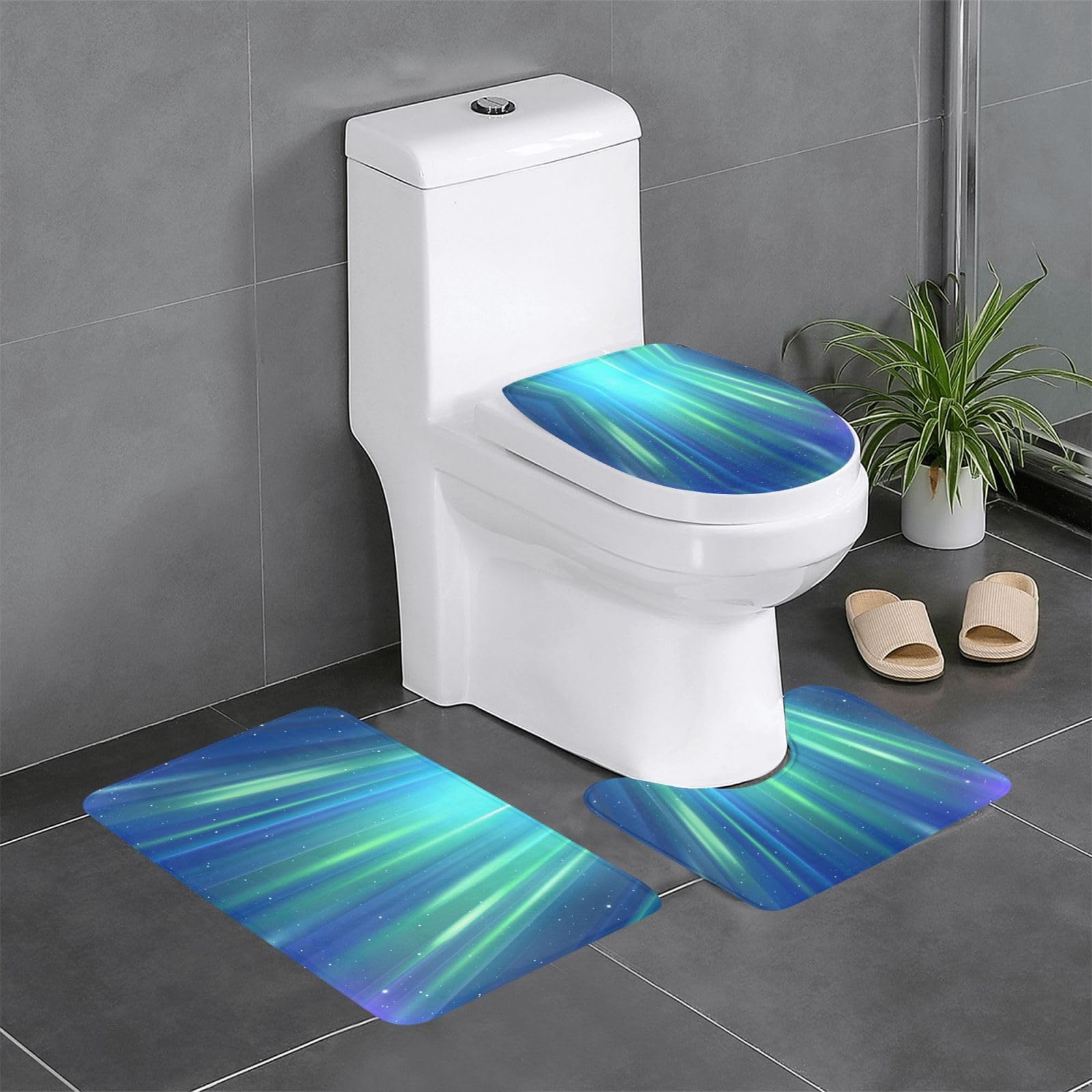 Tapis de salle de bain antidérapants lot de 3 bleu aurore boréale 61x40cm