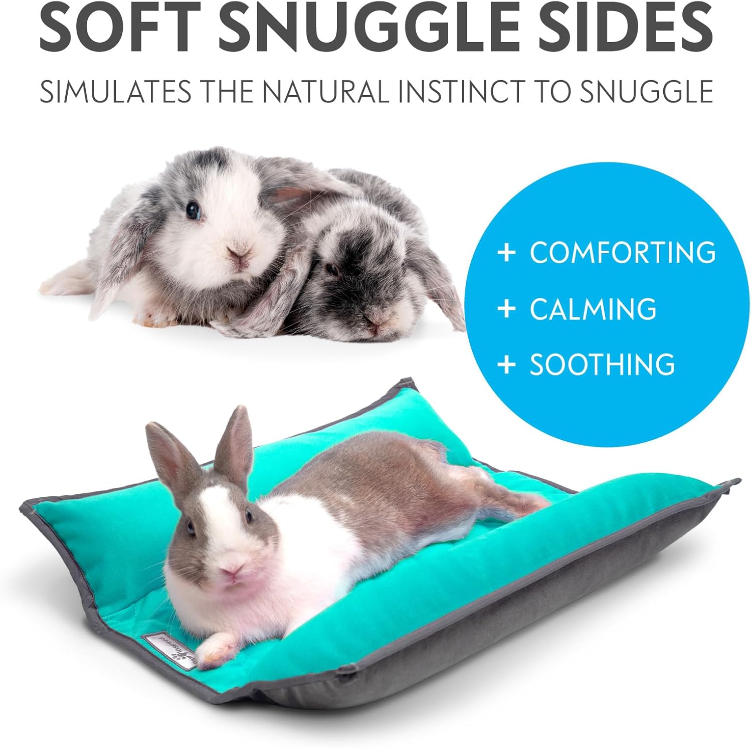 Paw Inspired Snuggle Bunny Bolster Bed for Rabbits, Cats, Dogs, Small Pets, 17x17-Inch Reversible Fleece Flop Bedding with Padded Sides (Gray/Green)