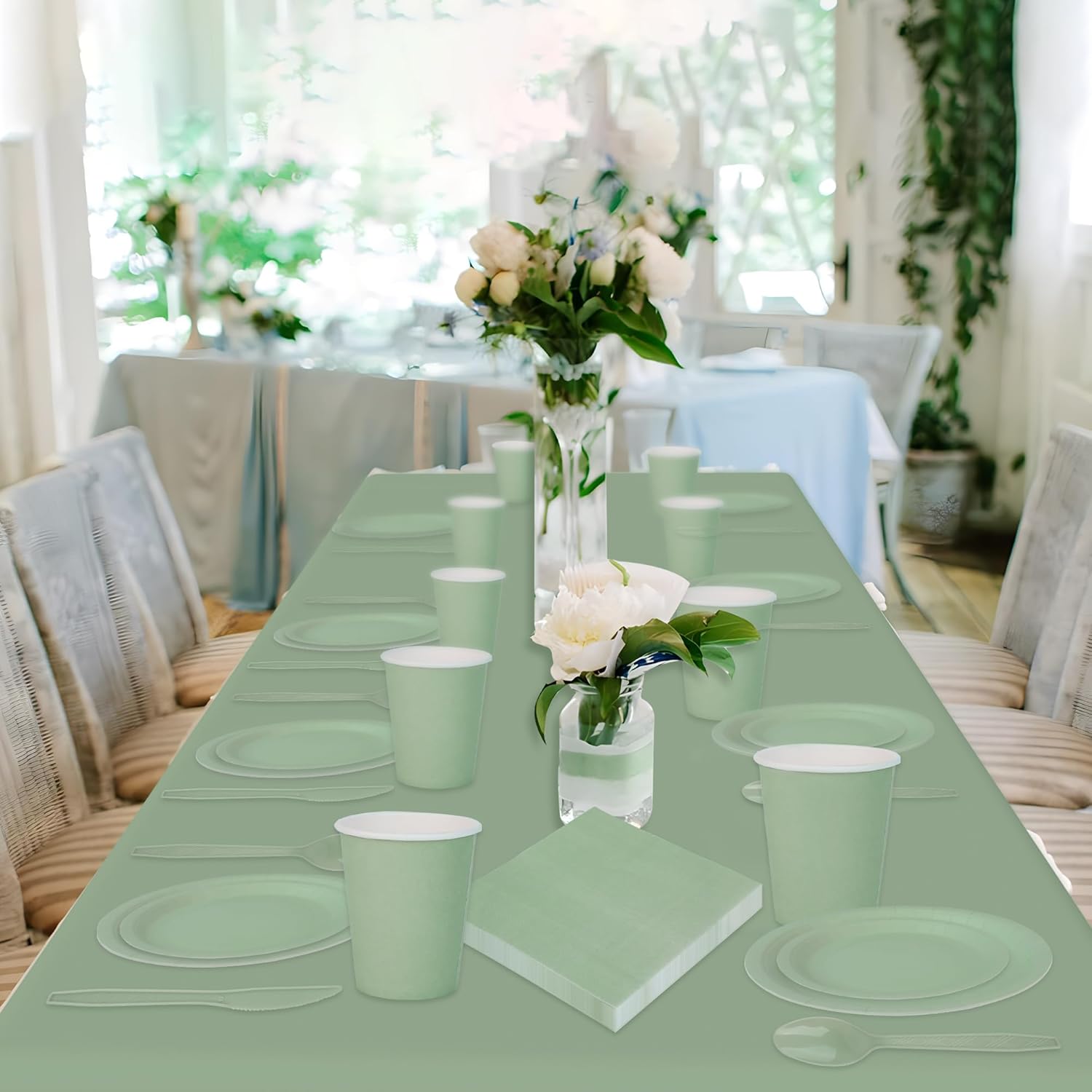 177 PCS Sage Green Party Supplies Sage Green Tableware Set Paper Plates Napkins Cups and Disposable Tablecloths for Wedding Bridal Shower Birthday Baby Shower Party Decorations, Serves 25 - Image 7