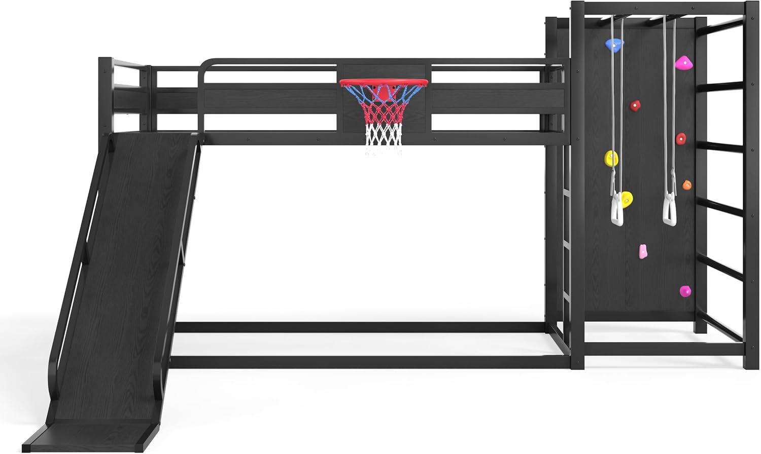 LUMISOL Twin XL Size Metal Loft Bed with Slide and Basketball Hoop for Kids, Heavy-Duty Loft Bed Frame with Storage Bookshelves, Pull-up Rings and Rock Wall for Boys Girls, Black