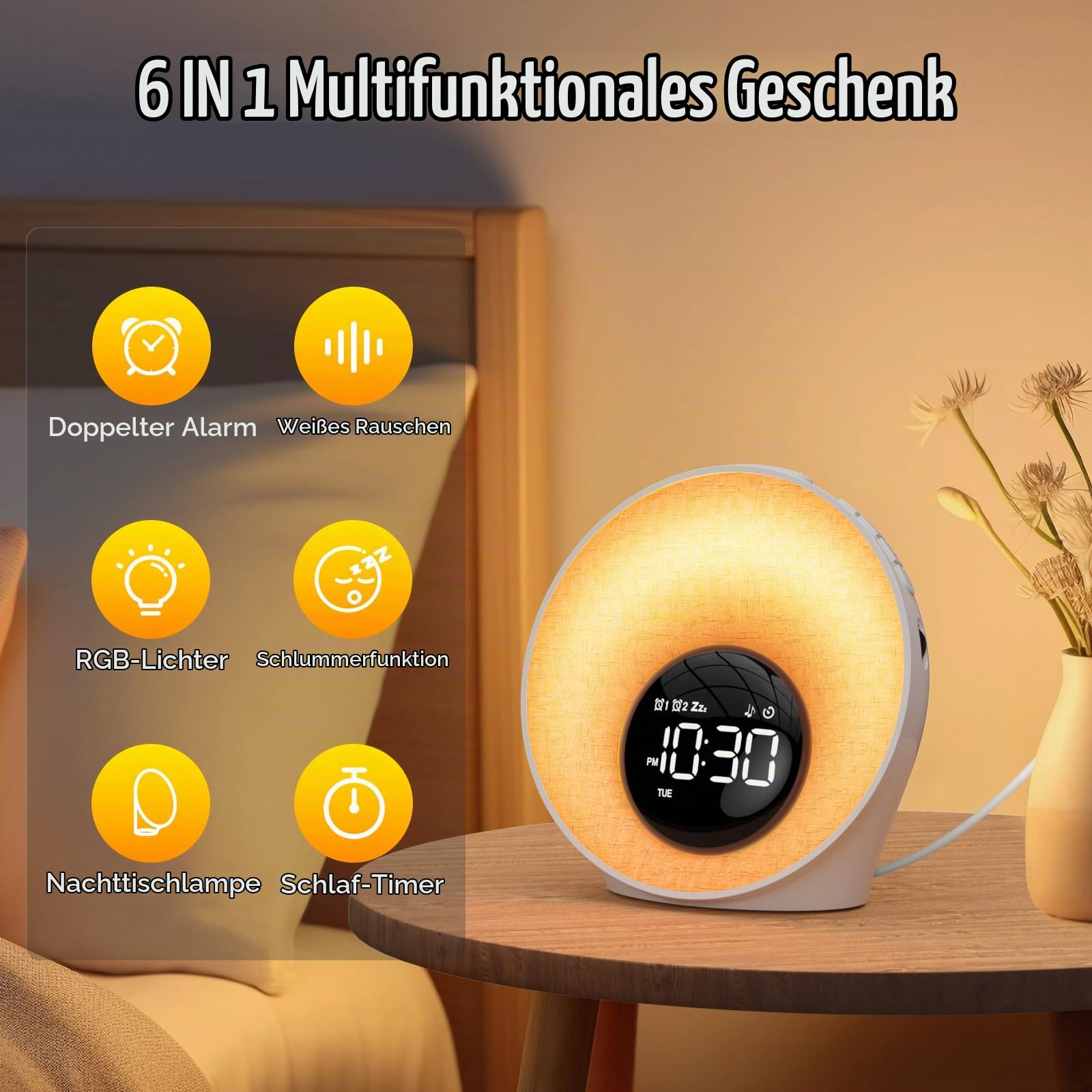 Tageslichtwecker, Lichtwecker Sonnenaufgang Wecker mit Licht,Wecker Digital | Mit 2 Alarme und Snooze, White Noise Machine mit 30 Schlafgeräusche, Nachttischlampe mit 20 Helligkeit, 8 Farblicht, Timer