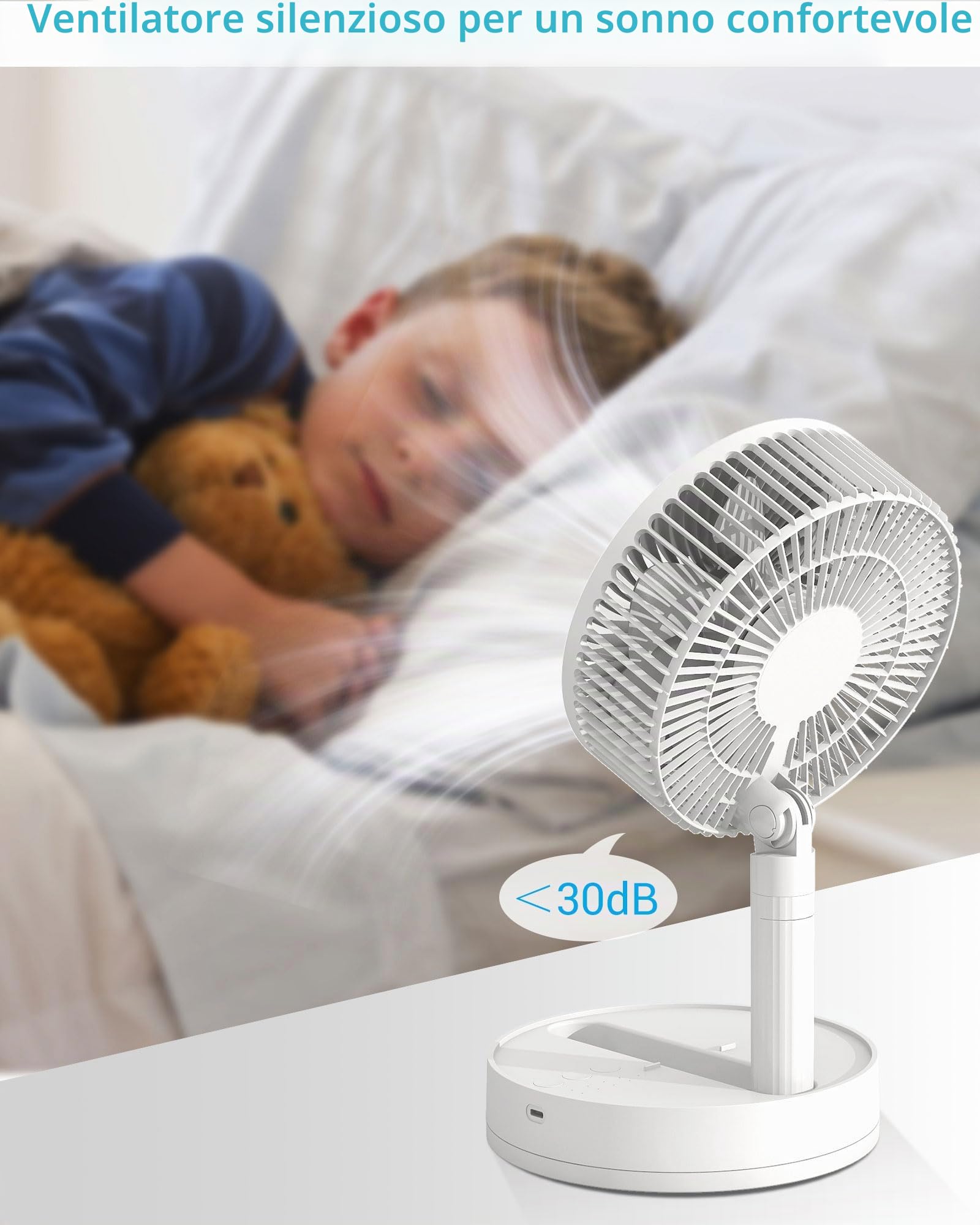 Ventilatore da tavolo, ventilatore portatile oscillante da 20 cm, ricaricabile, funzionamento 24 ore, rotazione di 90°, piccolo ventilatore per camera da letto, 4 velocità e timer 8H, mini