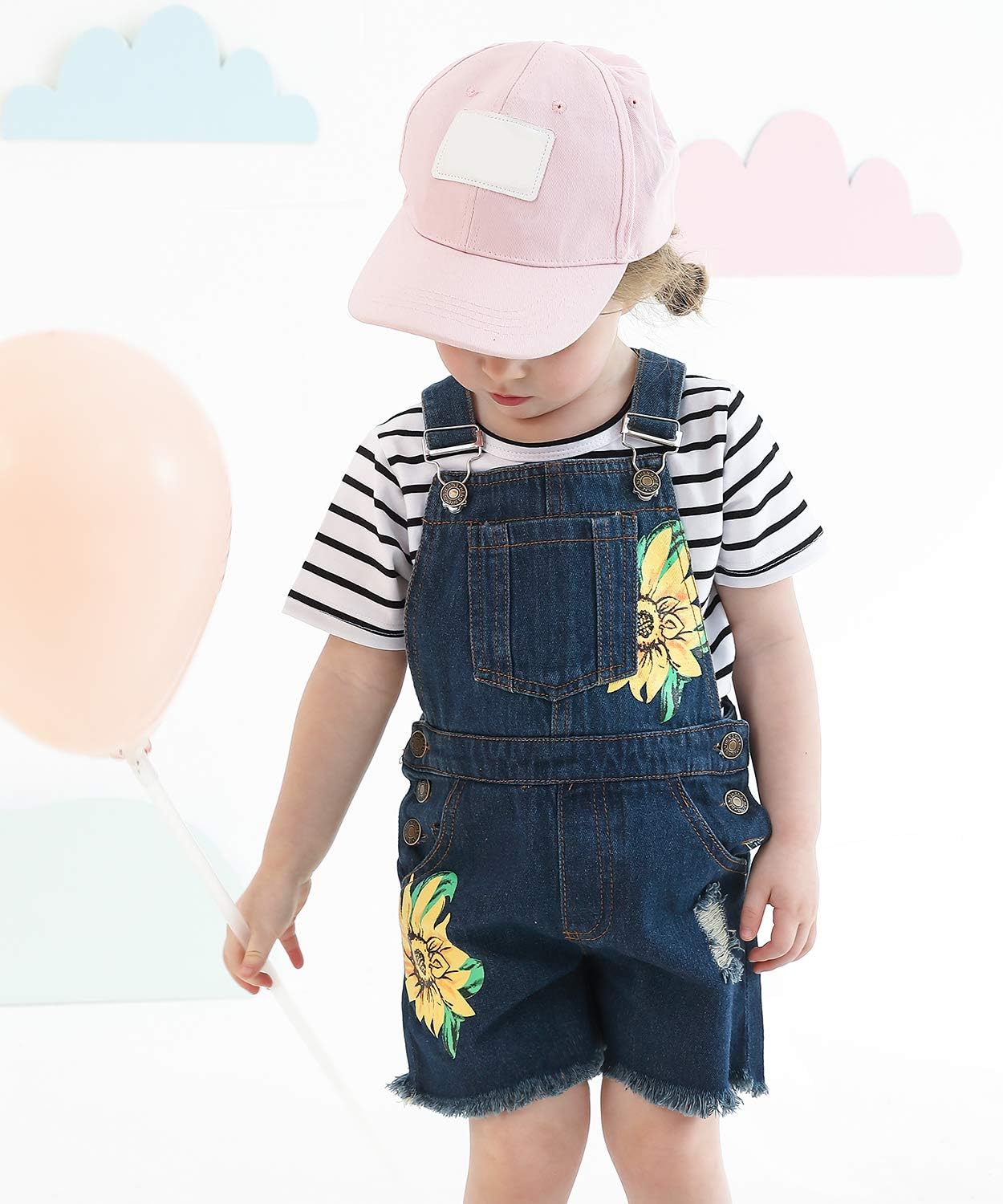 HINTINA Baby & Toddler Girls Big Bibs Overalls Ripped Hole Summer Sunflowers Jumpsuit Boyfriend Jeans Denim Romper Shortalls
