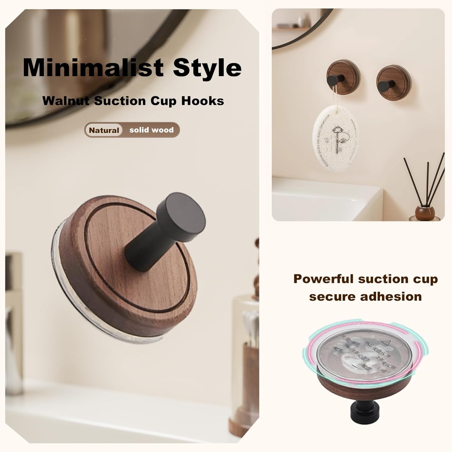 Suction Cup Hooks for Wreaths,No Drill,Removable Hooks for Shower Hanging Towels,for Wall Closet Hook Organize Kitchen, Entryway, Doors, Cabinets on Smooth Surfaces (2, Black)