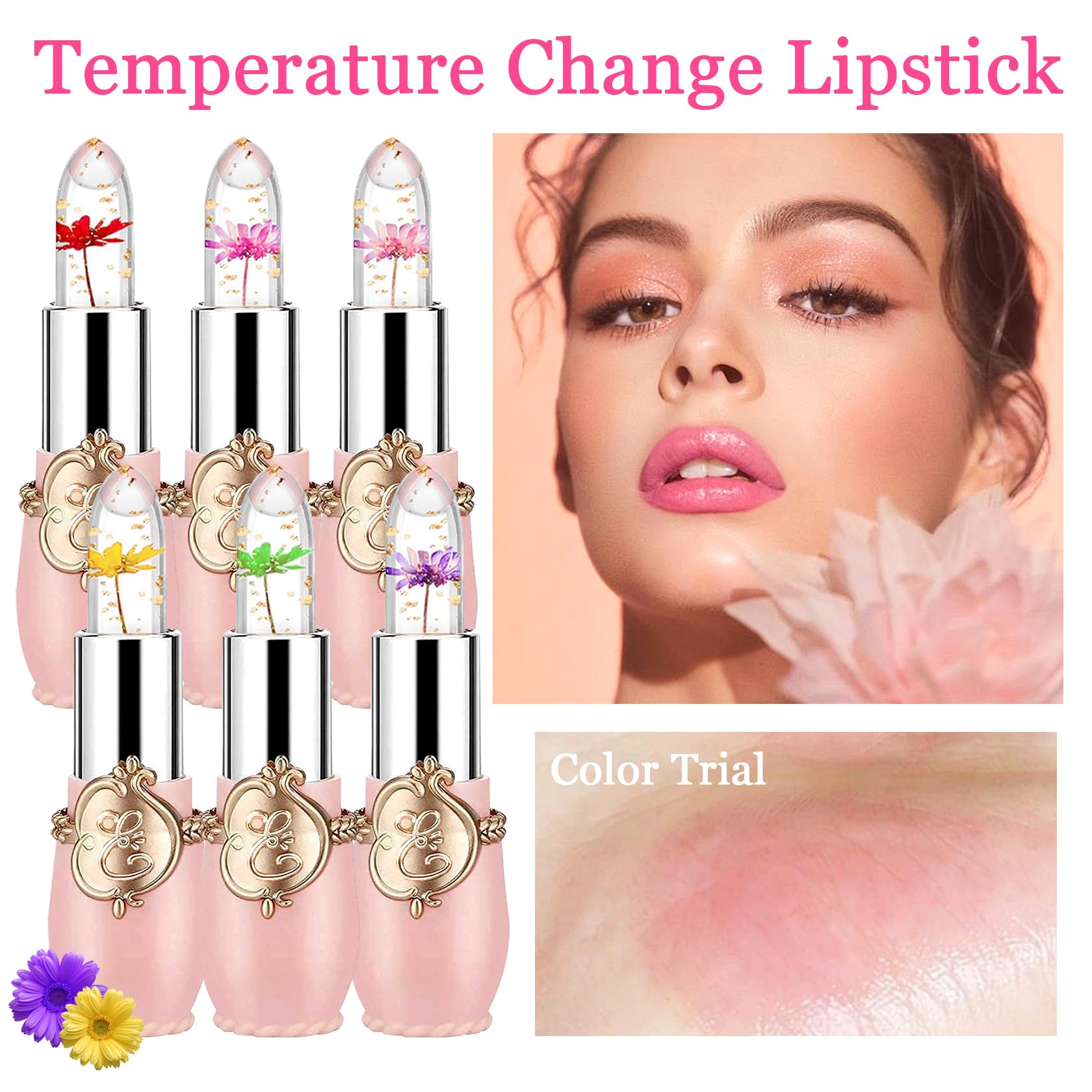 Juego de 6 lápices labiales de gelatina de flores de cristal, juego de brillo de labios hidratante que cambia de color, juego de regalo hidratante de manchas de labios mágico, juego de regalo de 2