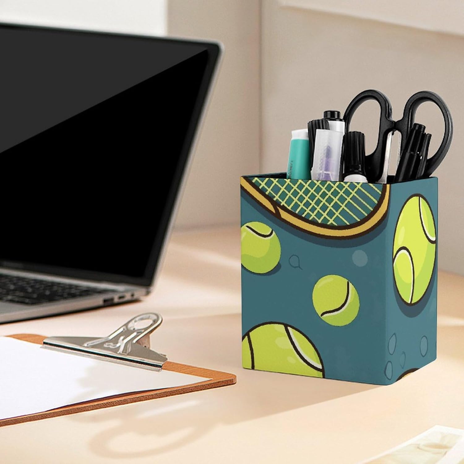Funny Tennis Racquets And Tennis Balls Leather Pen Holder Desk, Pencil Cup Makeup Brush Holder Desktop Organizer Storage Case Stationery for Home Office Supplies image 5