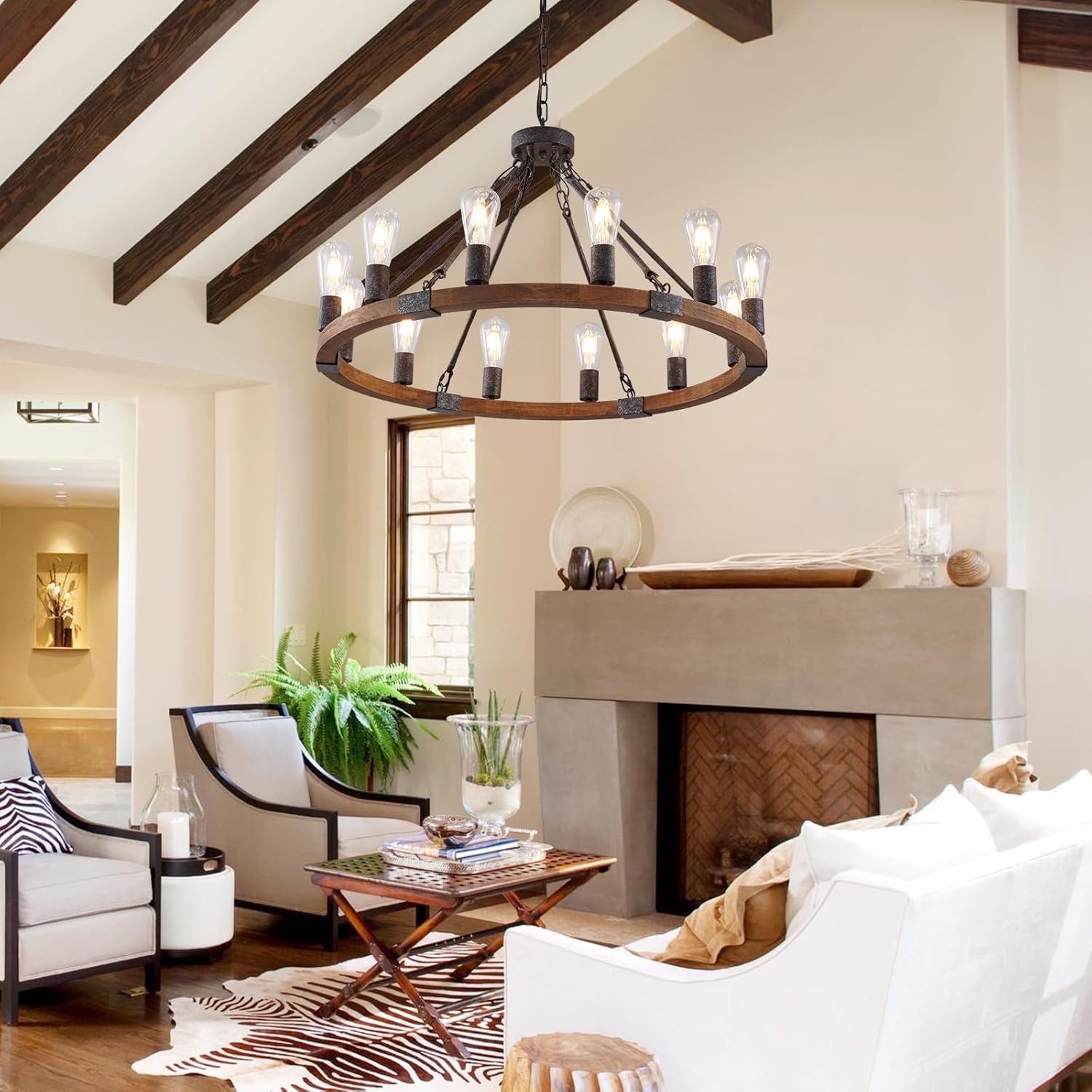 Farmhouse Wagon Wheel Chandelier 31" Black Wooden Chandelier 12-Light Rustic Pendant Light Fixture for Dining Room Living Room Entryway Foyer