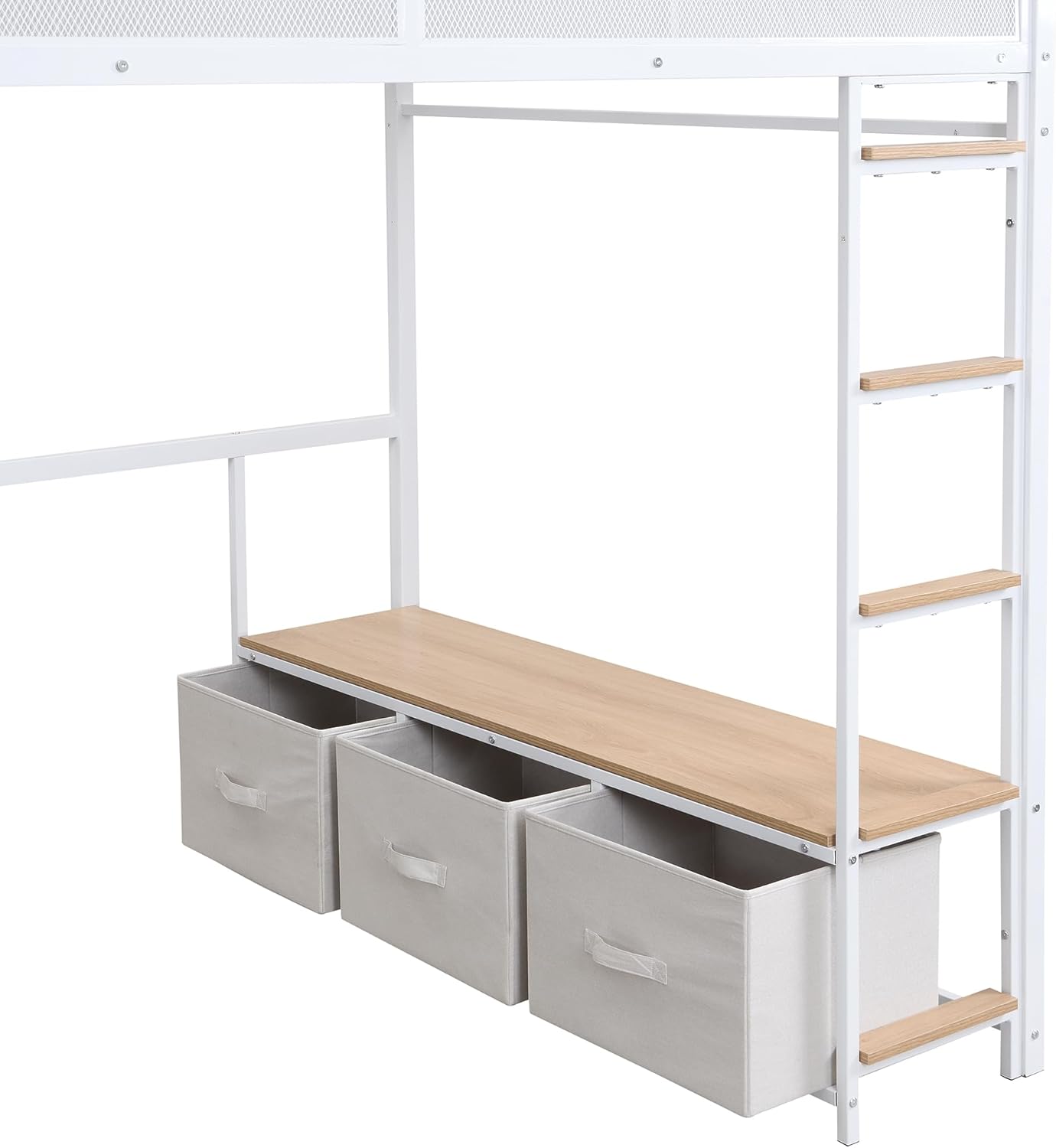 נאָענט-אַרויף view of the three linen storage drawers under the Merax loft bed.