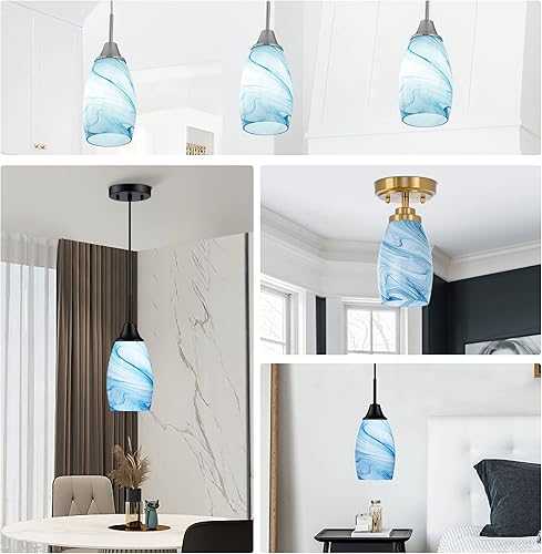 Miniatura 5 de Tonos de cristal de mármol azul modernos candelabros de cristal sombra Mini Art Glass colgante pantalla de lámpara de vidrio ovalada 1 paquete