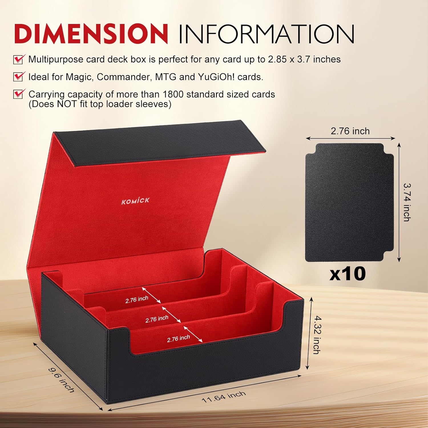 1800+ Card Deck Case – PU Leather Microfiber Lined Final Fantasy MTG Card Box, Card Storage for Yugioh Structure Deck, Baseball, Bloomburrow MTG – TCG Deck Box (Black/Red)