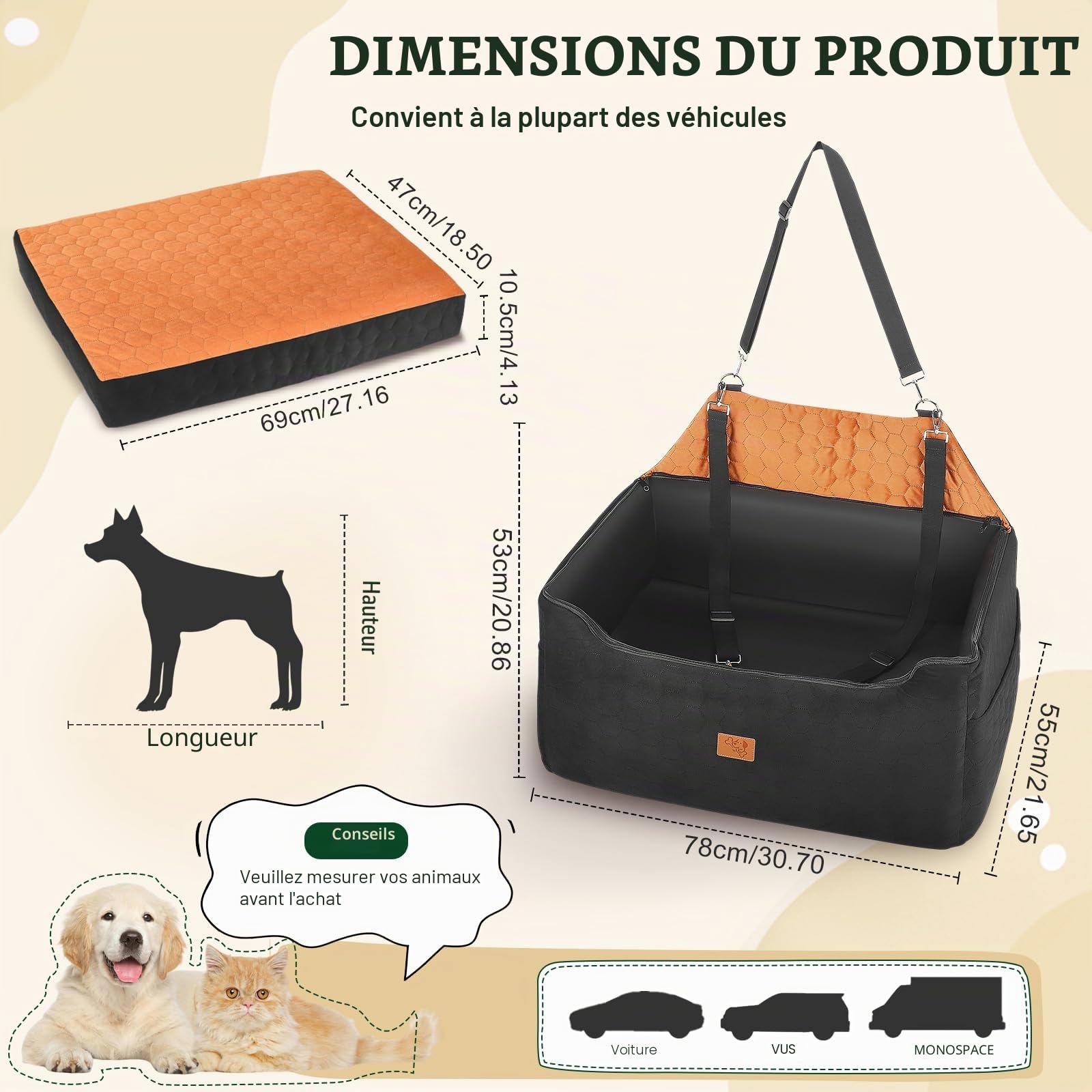 Siège Auto Grand Chien,Rehausseur Amovible et Lavable avec Housse en Cuir Imperméable, pour Chiens de Moyenne et Grande Taille Laisse Incluse, Panier Chien Voiture Plus Lourds78x55x53CM(Brunâtre Noir