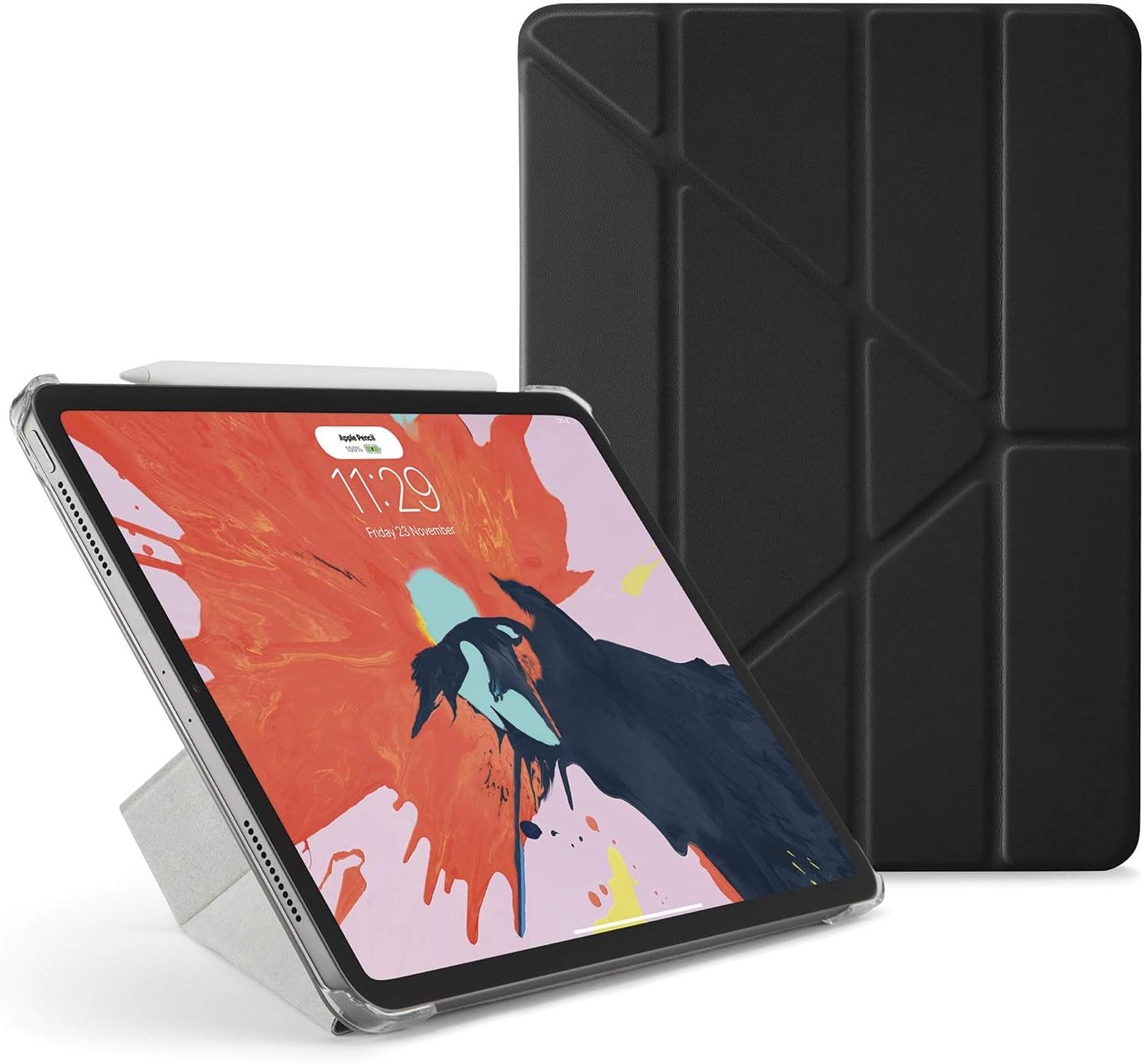 Pipetto Origami iPad Case Pro 11" (2018) with 5 in 1 stand in vegan leather & auto sleep/wake function Black Lambskin/Clear