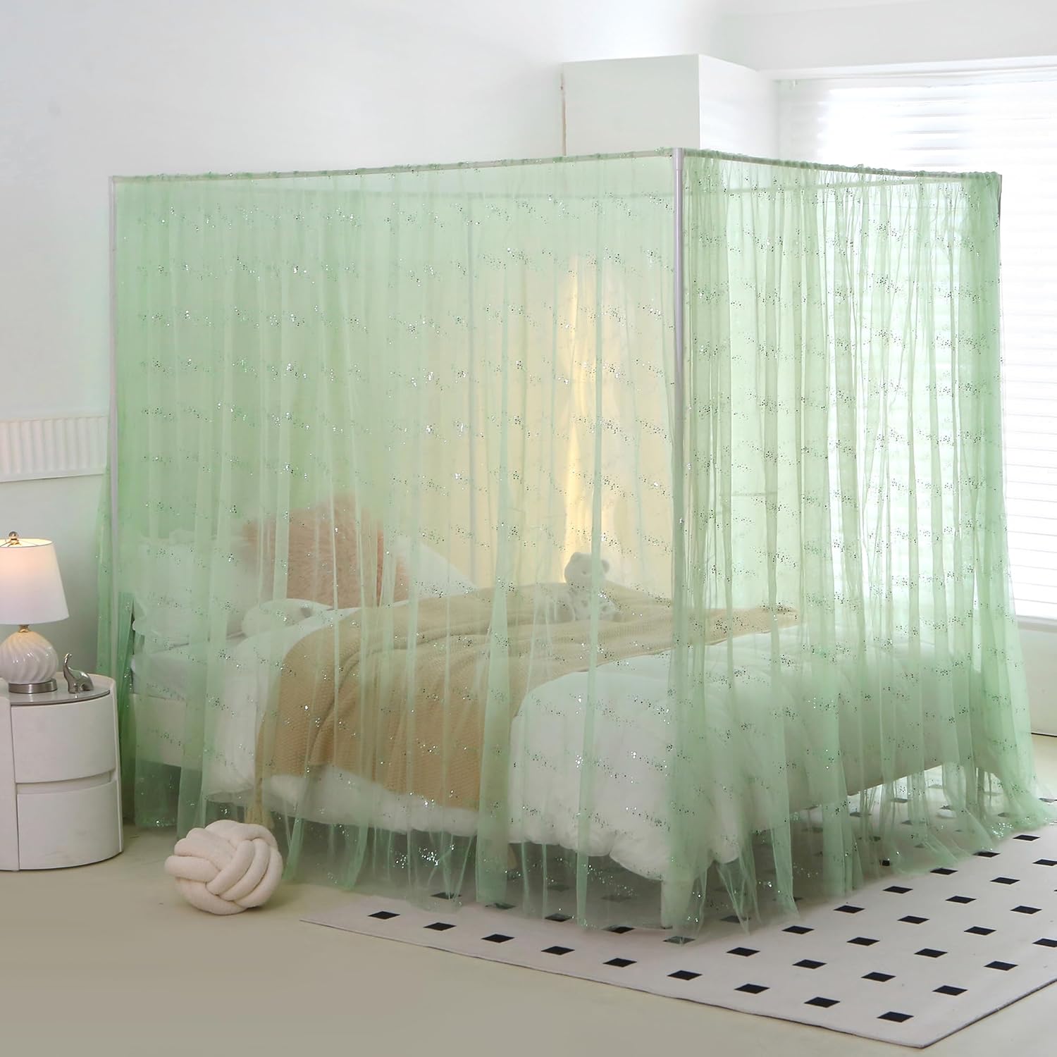 Sage Green Galaxy Sequins Canopy Bed Curtains Queen, Princess Gauze Sparkle Sheer Bed Canopy, Canopy Bed Scarf for Adults Kids Full Queen Size Bed
