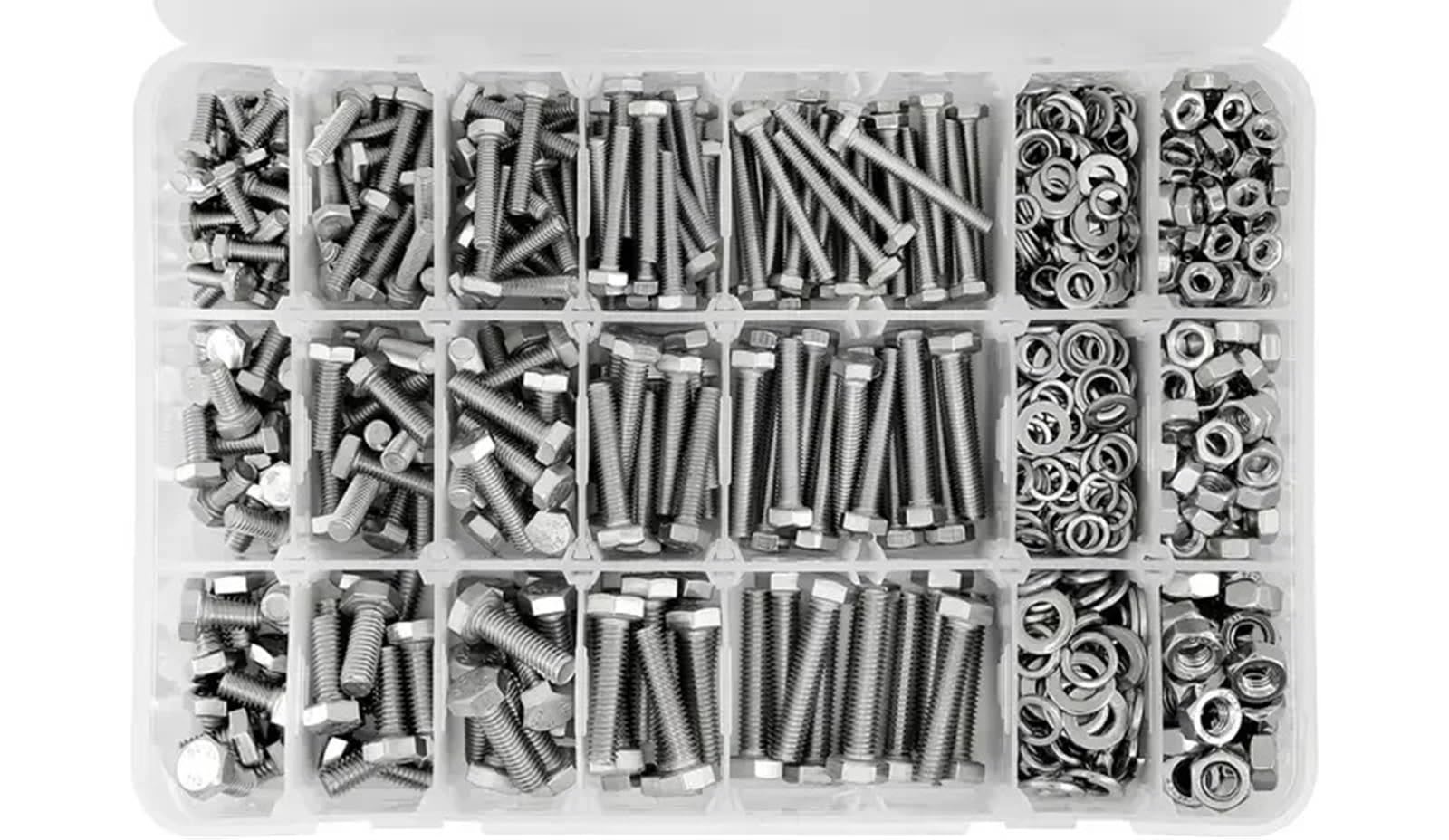 Schrauben und Muttern Set 1015 Sätze mit Schrauben und Muttern der Größen M4, M5, M6, metrisches Schraubensortiment aus Edelstahl 304, 15 gängige, 10–40 mm