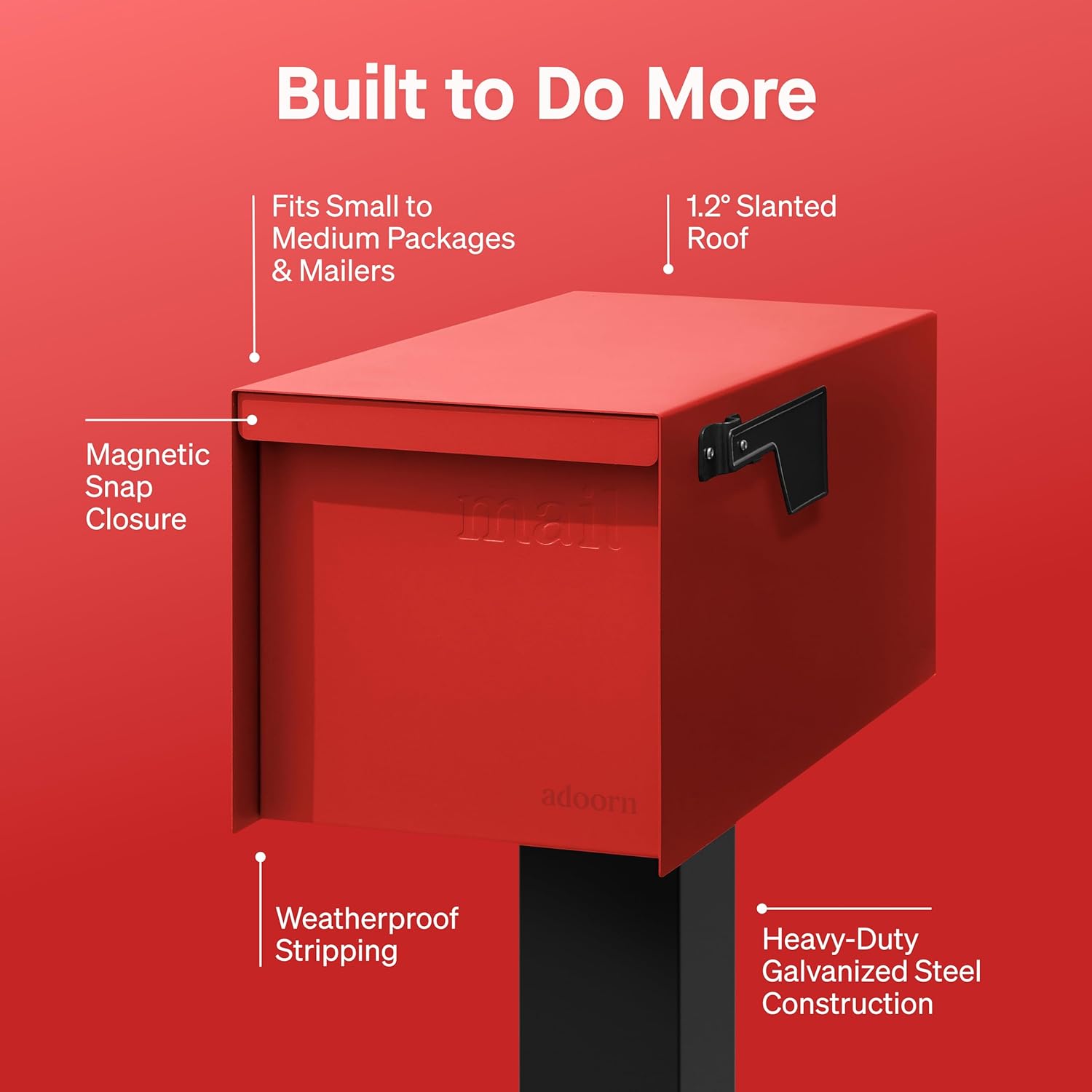 Adoorn Post Mount Outdoor Mailboxes - Large Decorative Mailbox for Letters and Packages - Weatherproof Construction - Durable Steel - Magnetic Closure - 9.5” H x 9.5” W x 20.75” D - Red