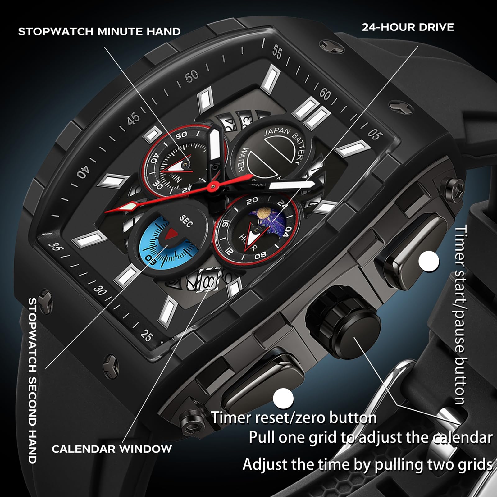 Armbanduhr, großes Display, rechteckig, für Herren, Militär, Taktik, Sport, Analog, Quarz, großes Zifferblatt, 5 ATM, Alarm, Hintergrundbeleuchtung, wasserdicht, Armband atmungsaktiv und komfortabel