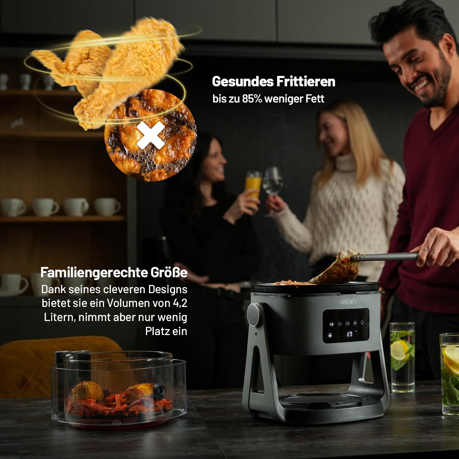 Lauben Glass&Grill Air Fryer 3 w 1 5500BG frytkownica na gorące powietrze o pojemności 4,2 l, kosz do smażenia ze szkła, 6 programów + ręczna regulacja, 3 w 1 – może być używana jako grill i patelnia