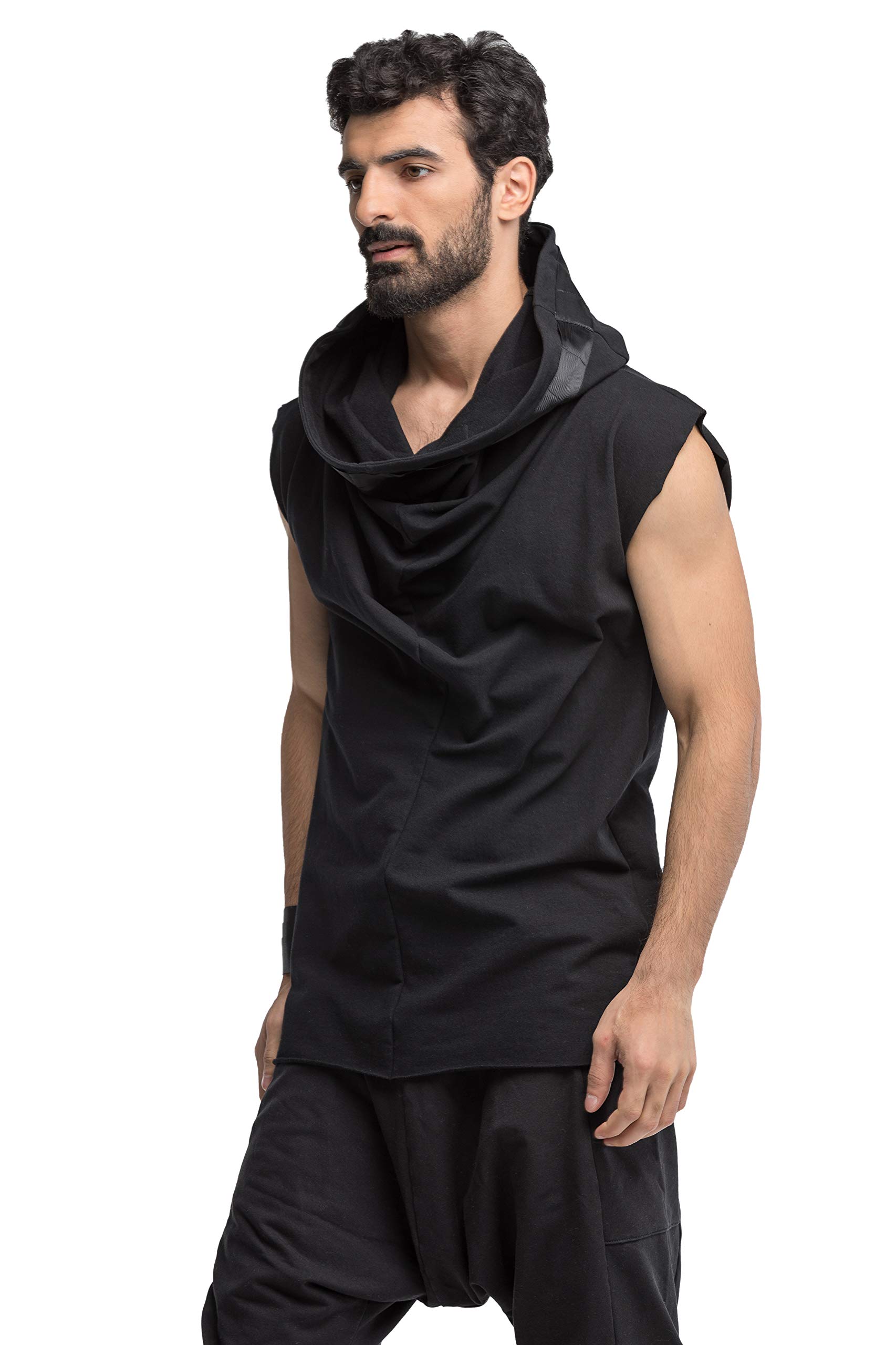 MDNT45 Men's Hooded Shirt Black Steampunk Shirt, Casual Cyberpunk Style, Gothic Men Clothing