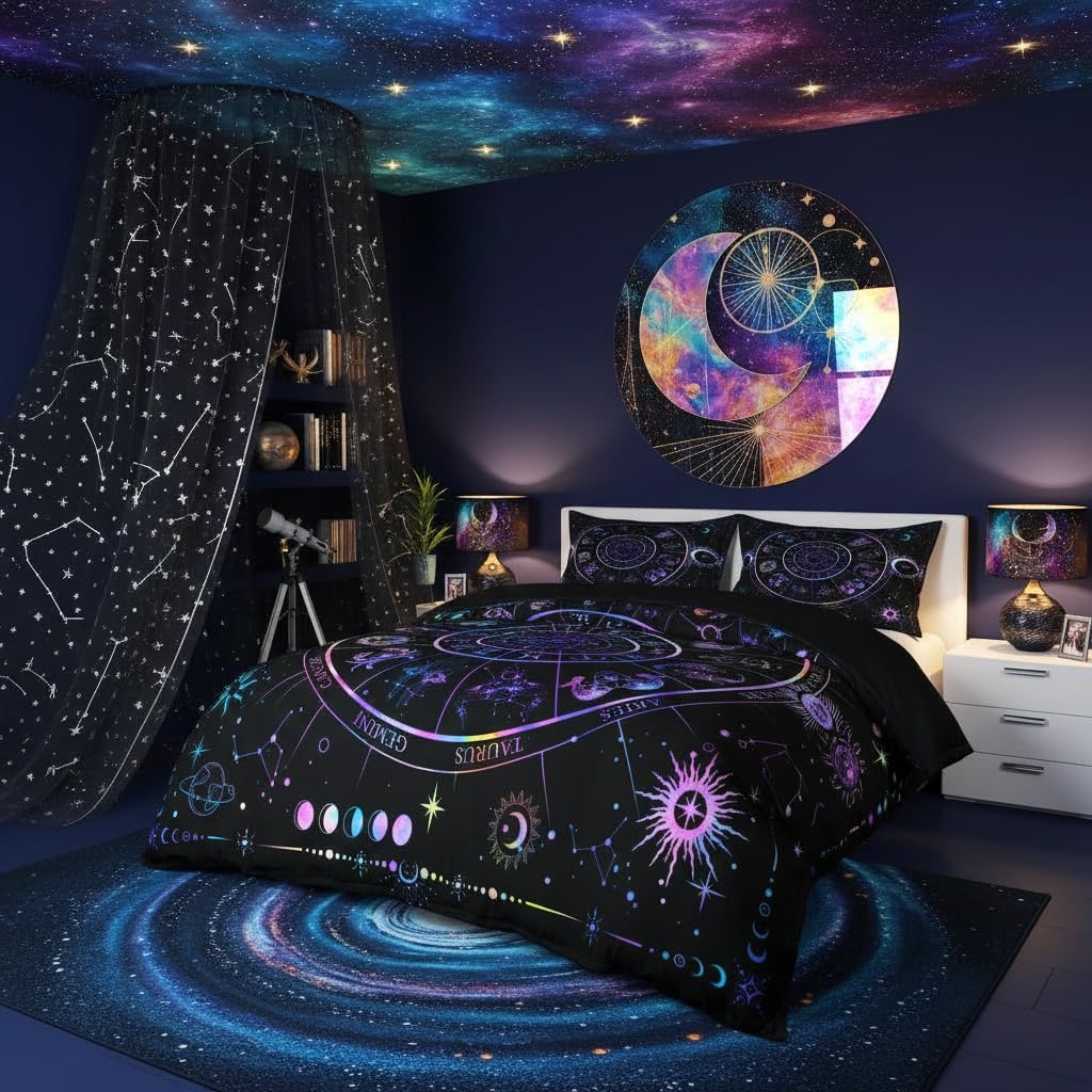 Sun and Moon Duvet Cover Set Twin Size,Starry Galaxy Zodiac Constellation Bedding Set 2Pcs for Kids Boys Girls Room Decor,Neon Blue Purple Comforter Cover Hippie Boho Quilt Cover,1 Pillowcase