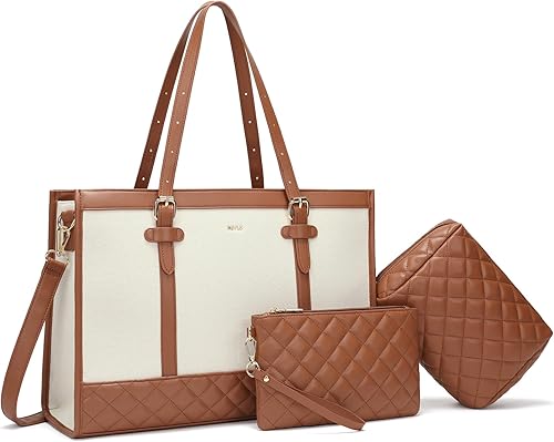 Miniatura 7 de Keyli 3 bolsas para laptop para mujer, bolsas de lona de 15.6 pulgadas, bolso de hombro de gran capacidad, bolso ligero para maletín