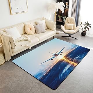 Castle Fairy Airplane Mat Rug for Living Room Bedroom,Aircraft Soft Cozy Carpet Airport Runway Sunset Decor Floor Mat Blue Room Decorative Rug,3x5
