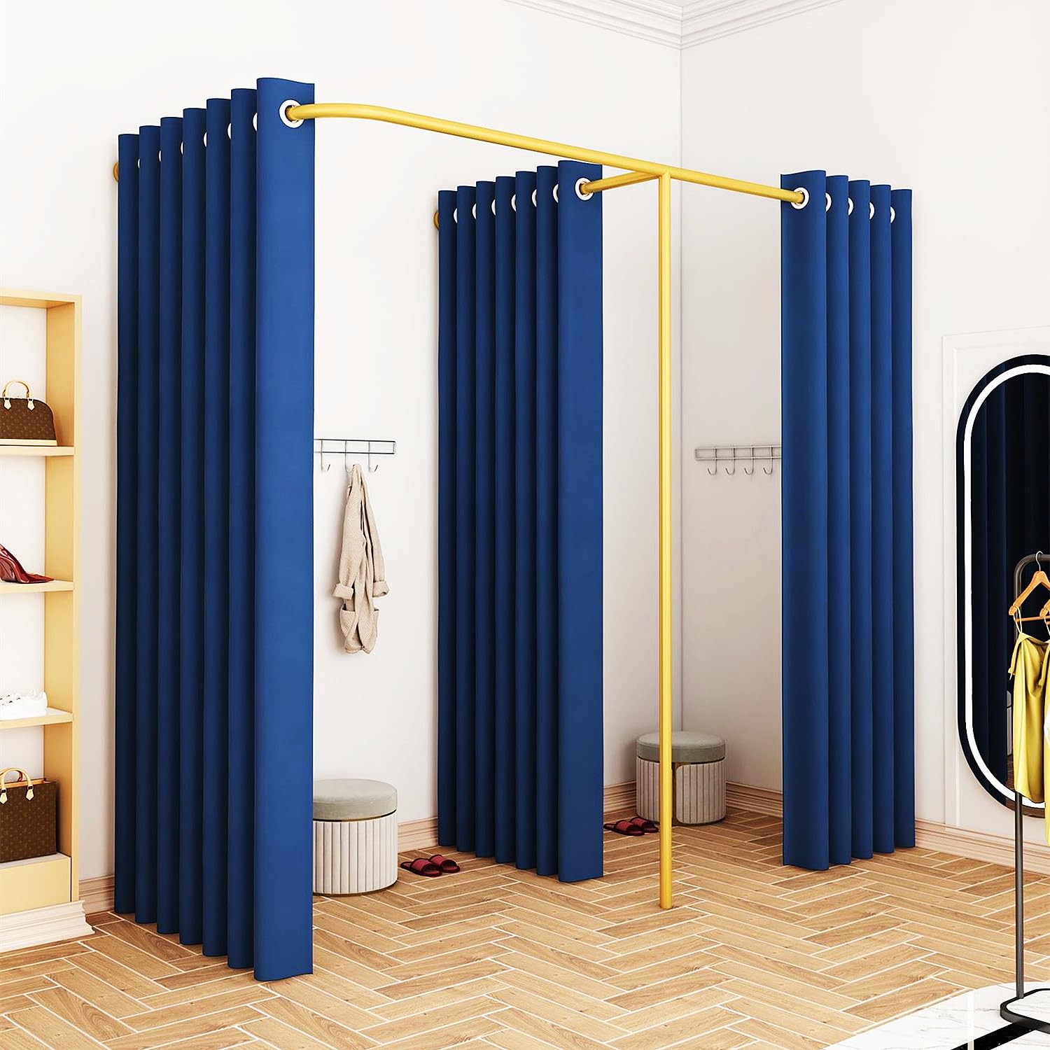 WTTTTW Portable Double Fitting Room, F-Shape Changing Rooms Divider, Wall Mount Curtain Privacy, Clothing Store Fitting Room, Changing Room Used in